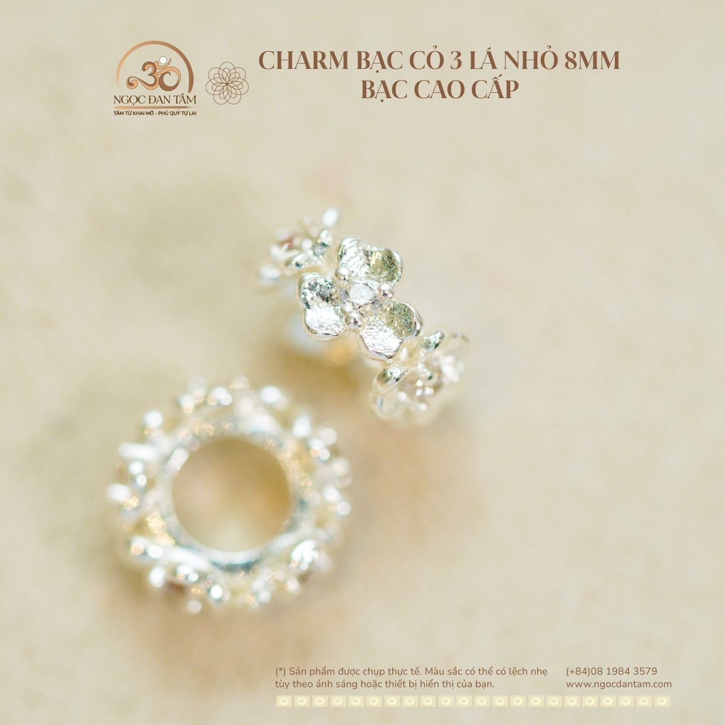  Charm Bạc Cỏ 3 Lá Nhỏ 8mm - Bạc Cao Cấp 