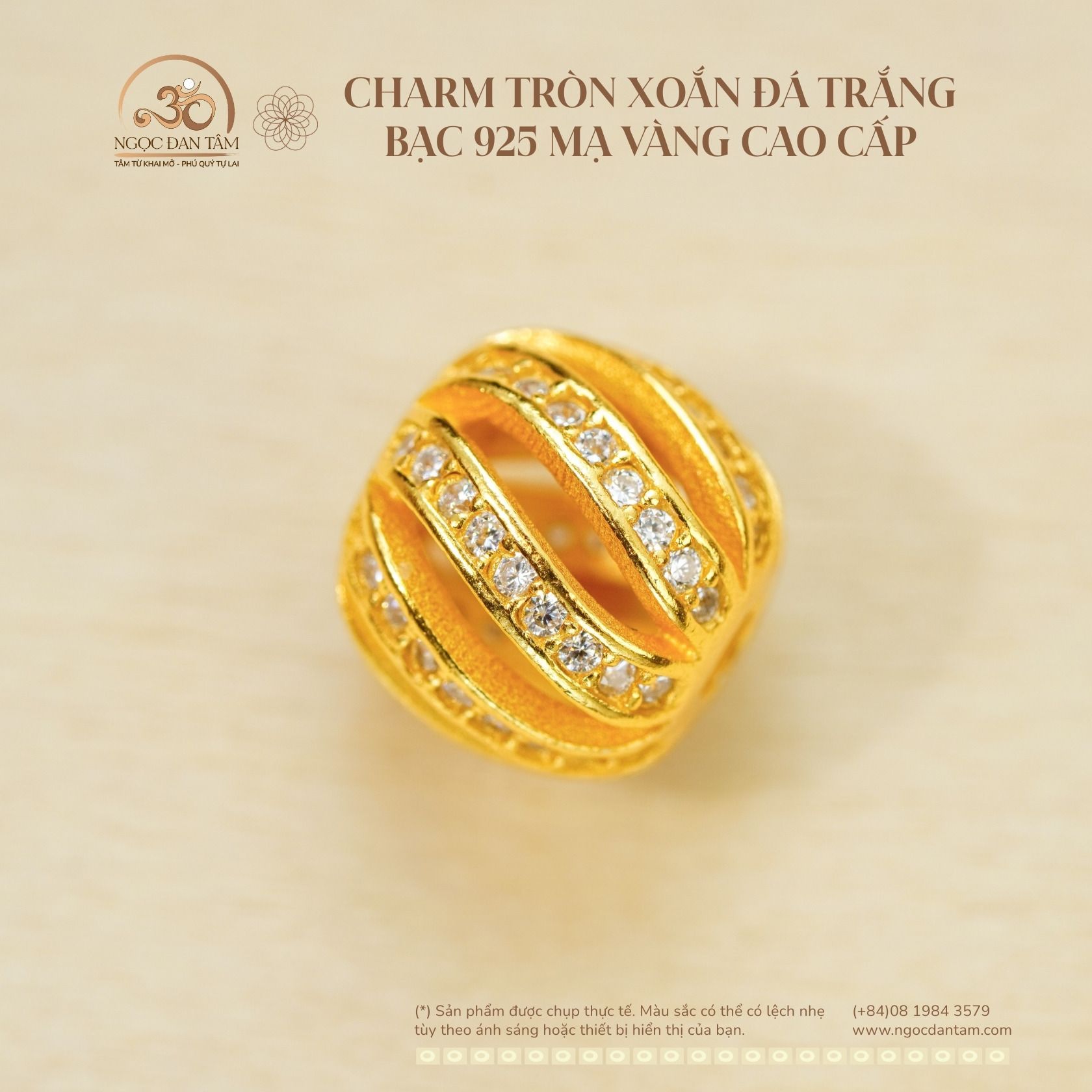  Charm Tròn Xoắn Đá Trắng 8.92mm - Bạc 925 Mạ Vàng Cao Cấp 