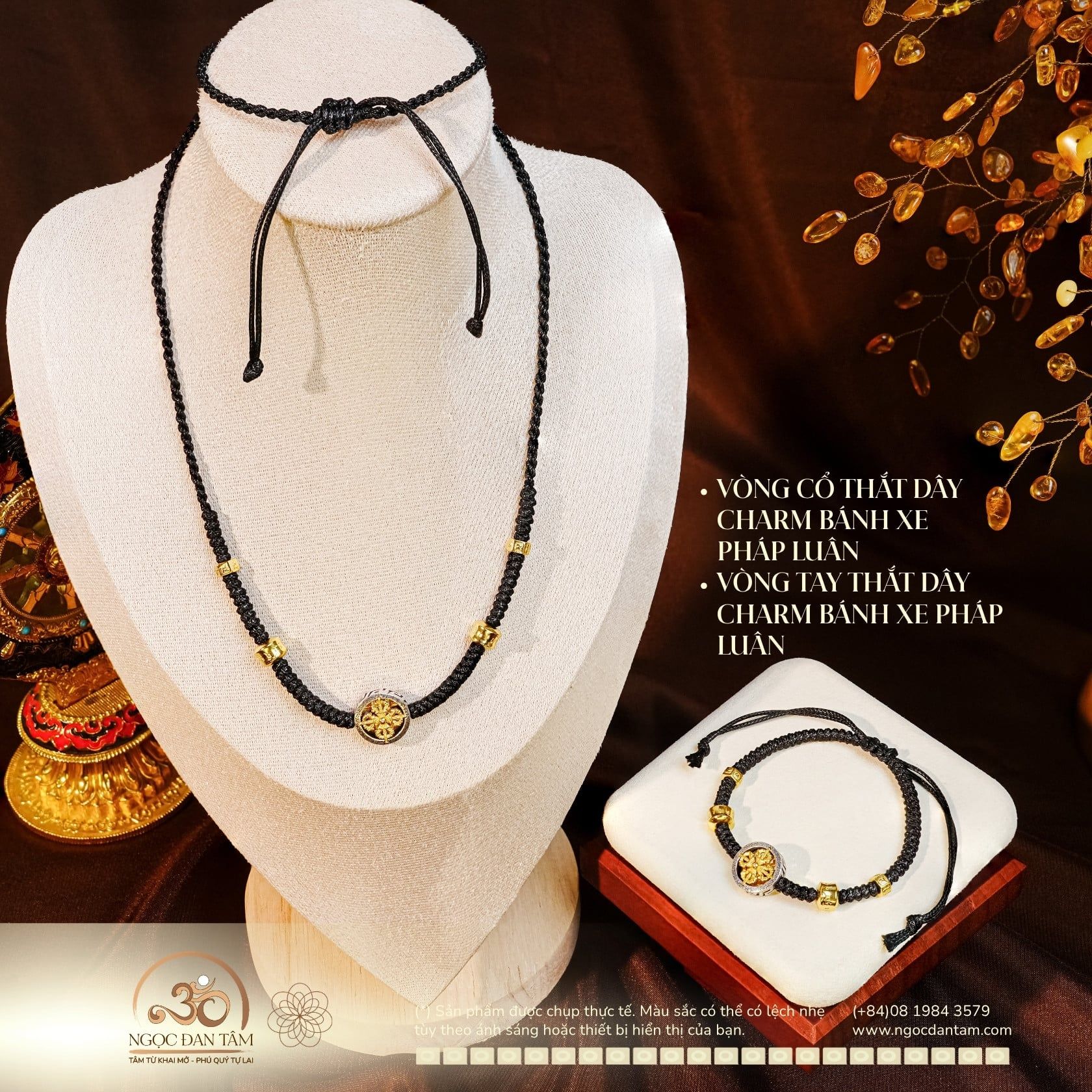  Vòng Cổ  + Vòng Tay Thắt Dây Charm Bánh Xe Pháp Luân Bạc 925 Mạ Vàng Cao Cấp 