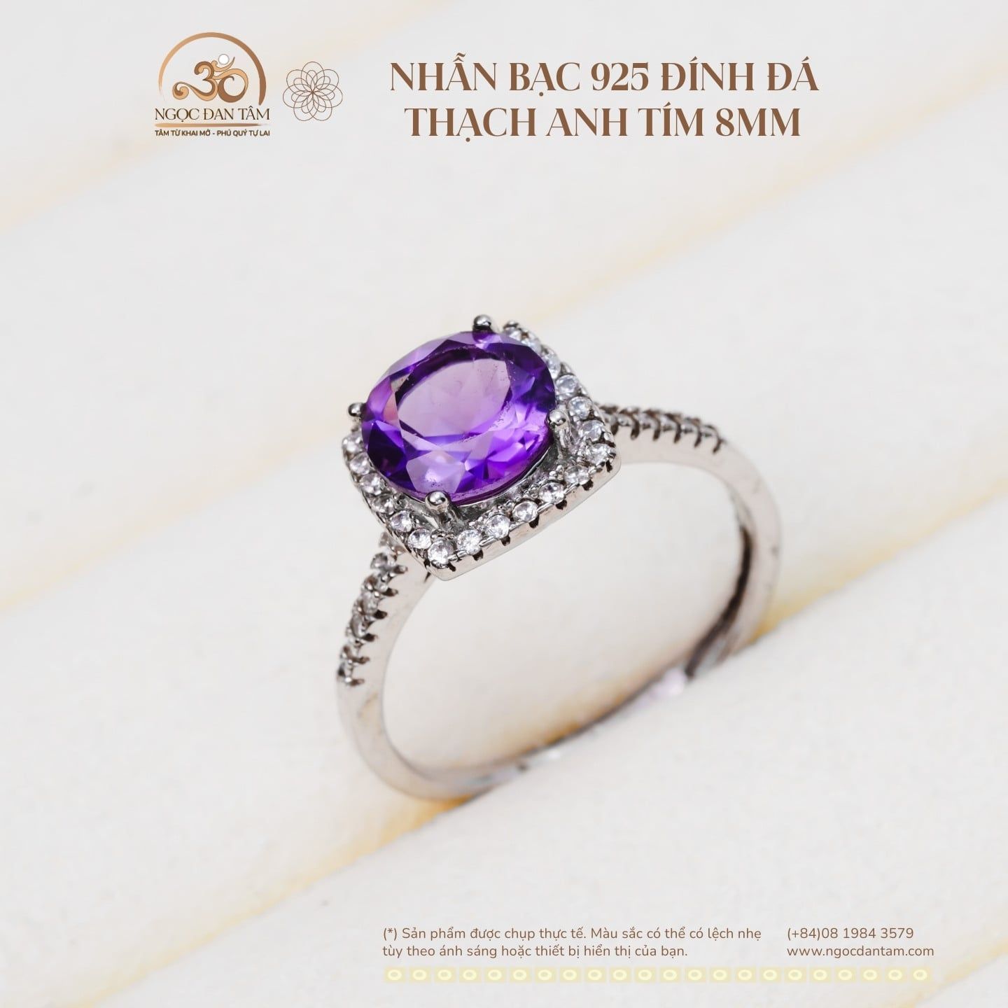  Nhẫn Bạc 925 Đính Đá Thạch Anh Tím 8mm 