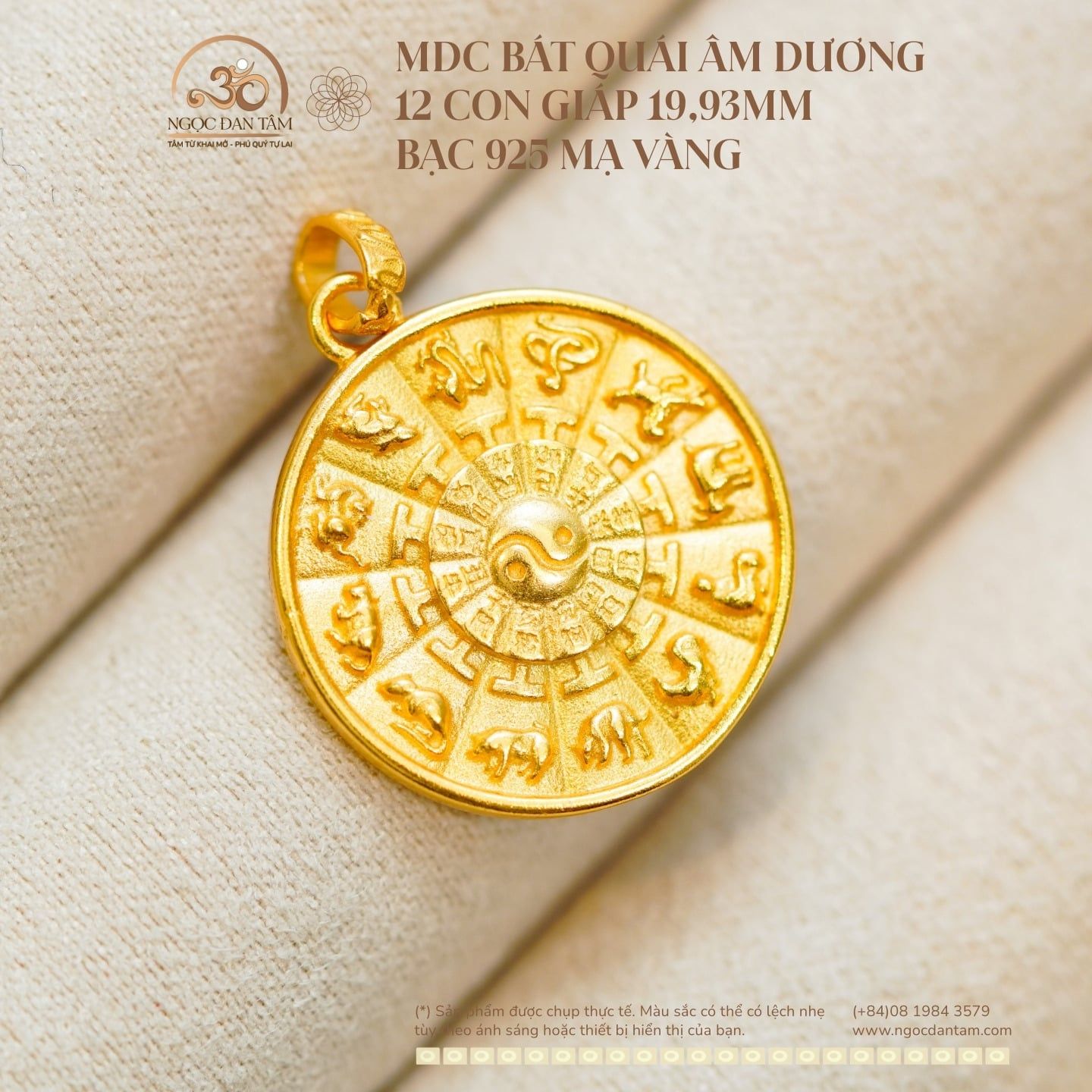  Mặt Dây Chuyền Bát Quái Âm Dương 12 Con Giáp 19,93mm - Bạc  925 Mạ Vàng Cao Cấp 