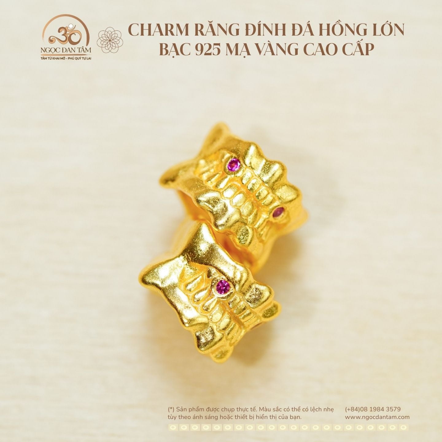  Charm Răng Đính Đá Hồng 6.73mm - Bạc 925 Mạ Vàng Cao Cấp 