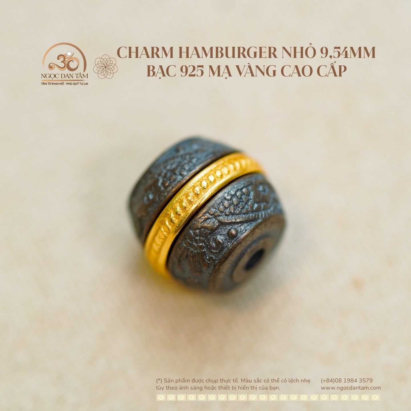  Charm Hamburger Nhỏ 9,54mm - Bạc 925 Mạ Vàng Cao Cấp 