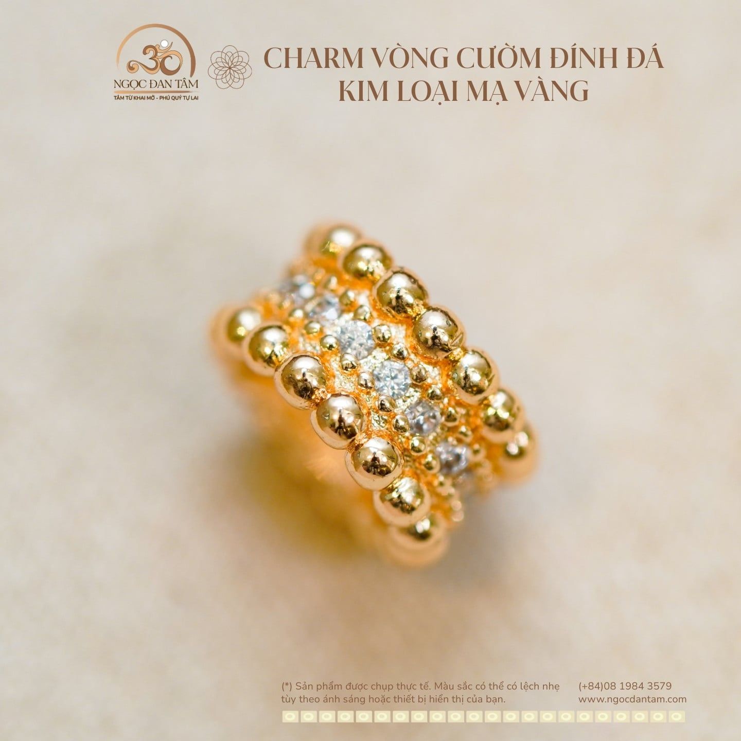  Charm Vòng Cườm Đính Đá 10,19mm - Kim Loại Mạ Vàng Cao Cấp 