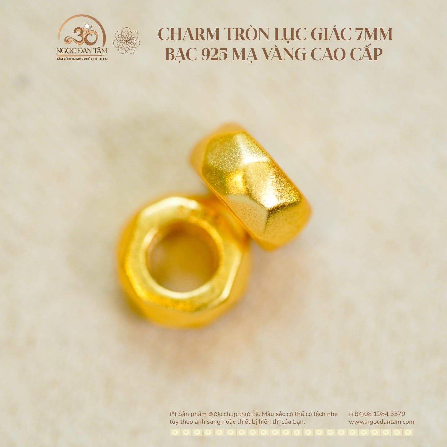  Charm Tròn Lục Giác 7mm - Bạc 925 Mạ Vàng Cao Cấp 