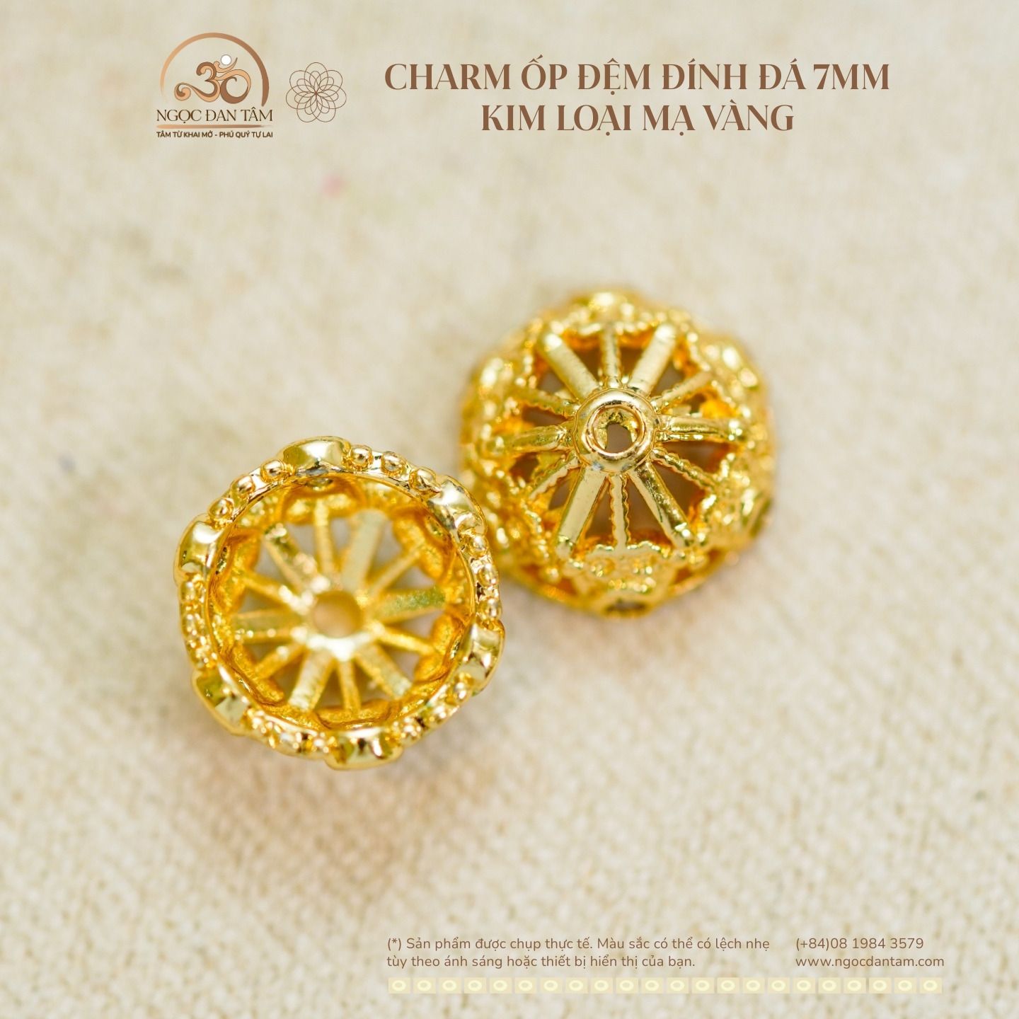  Charm Ốp Đệm Đính Đá 7,67mm - Kim Loại Mạ Vàng Cao Cấp 