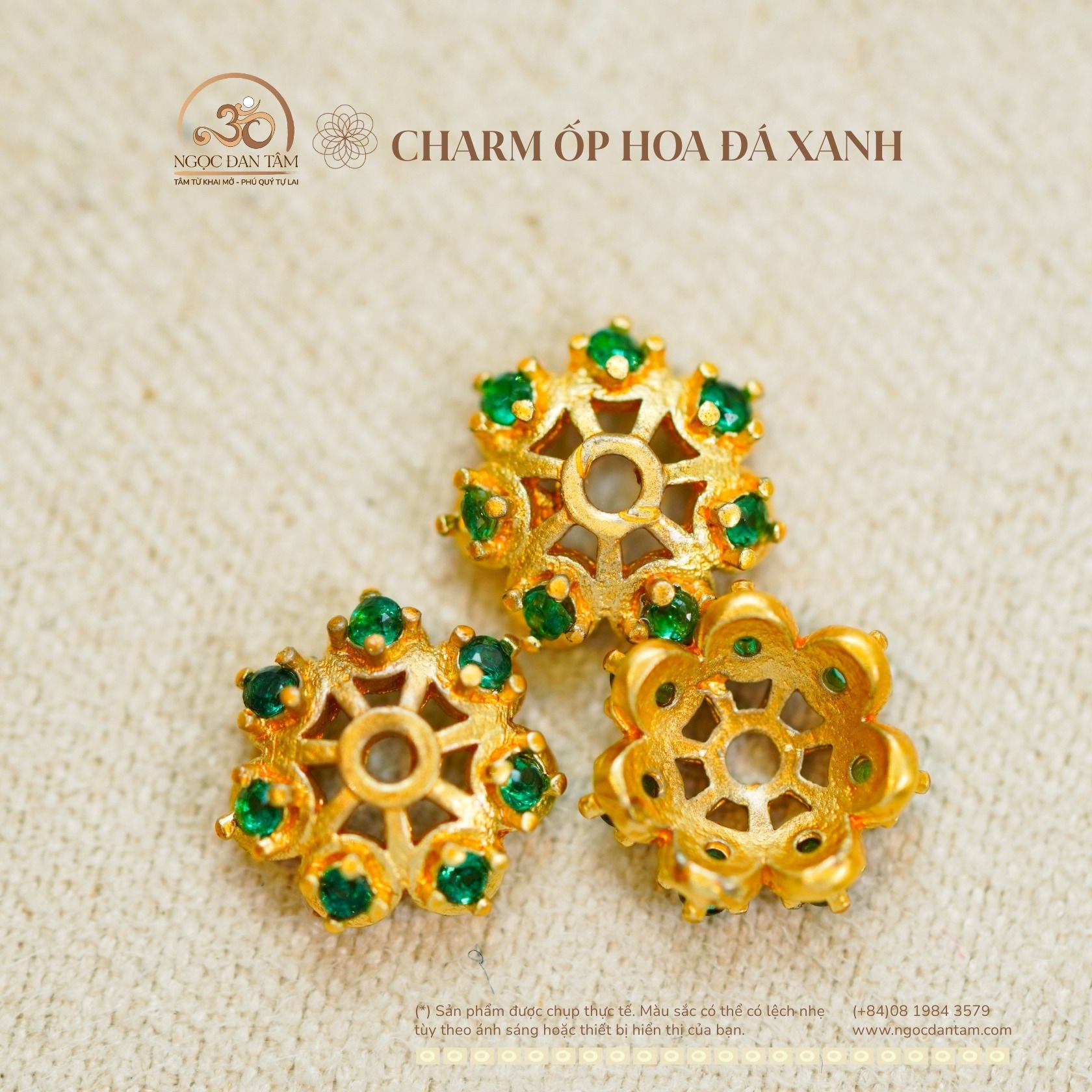  Charm Ốp Hoa Đá Xanh 7,78mm - Charm Kim Loại Mạ Vàng Cao Cấp 