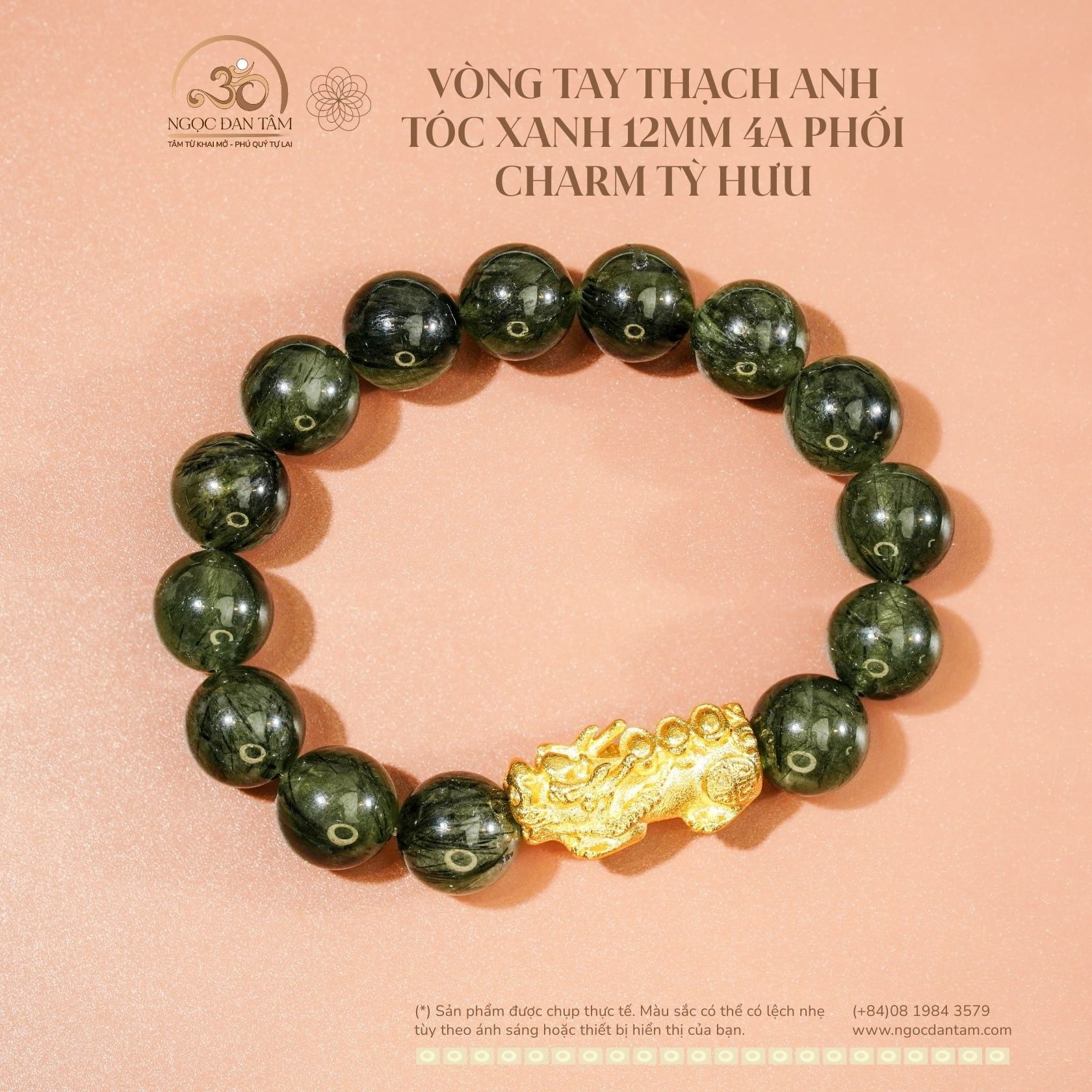  Vòng Tay Thạch Anh Tóc Xanh 12mm 4A Phối Charm Tỳ Hưu 