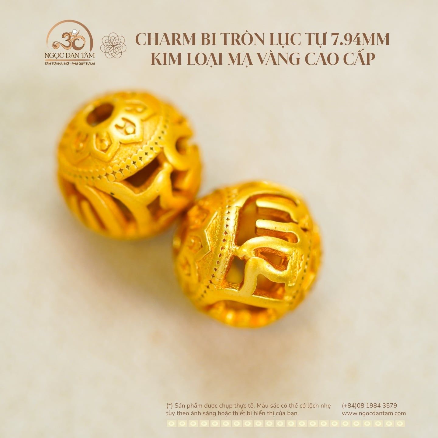  Charm Bi Tròn Lục Tự 7,94mm - Kim Loại Mạ Vàng 