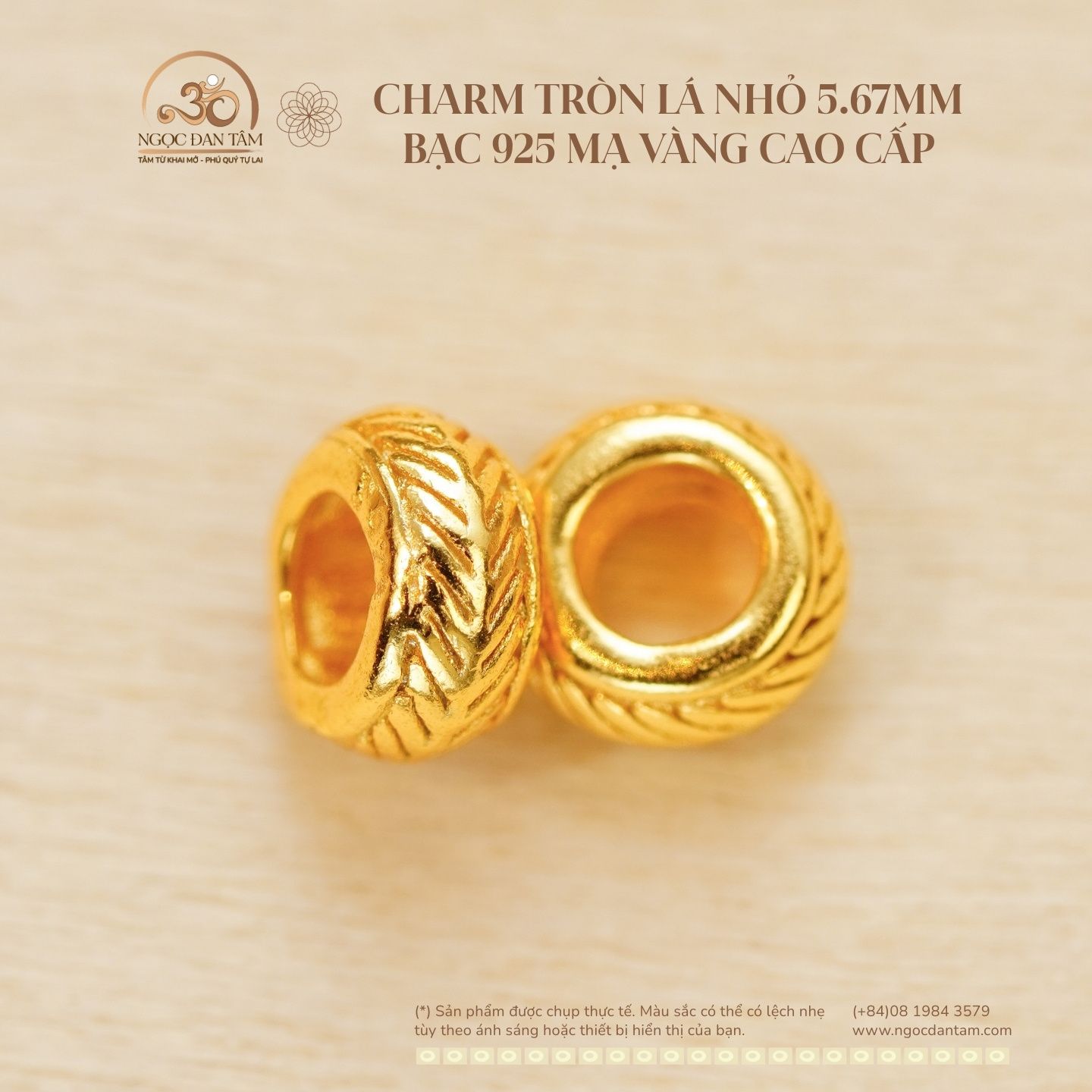  Charm Tròn Lá Lớn 5.67mm - Bạc 925 Mạ Vàng Cao Cấp 