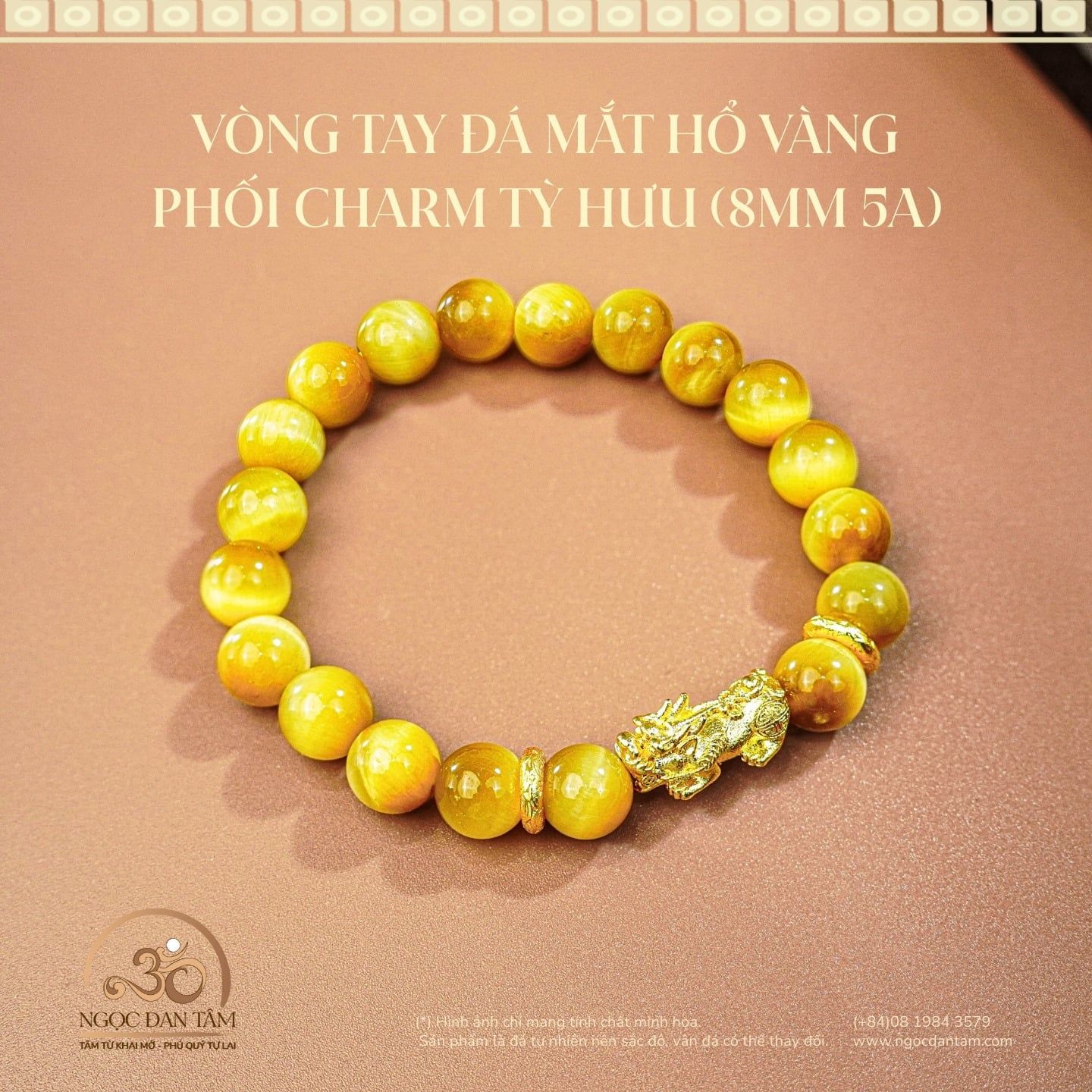  Vòng Tay Mắt Hổ Vàng Phối Tỳ Hưu 8mm 6A 