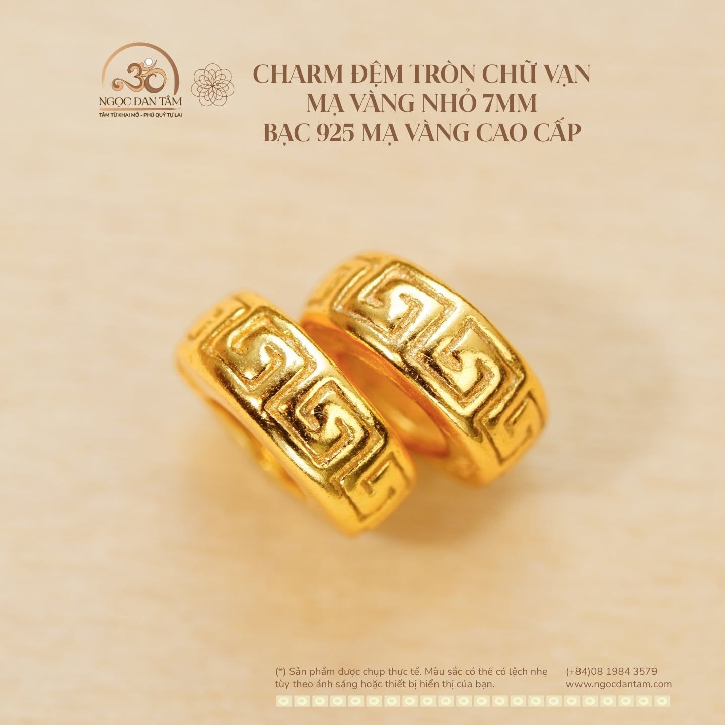  Charm Đệm Tròn Chữ Vạn Nhỏ 7mm - Bạc 925 Mạ Vàng Cao Cấp 