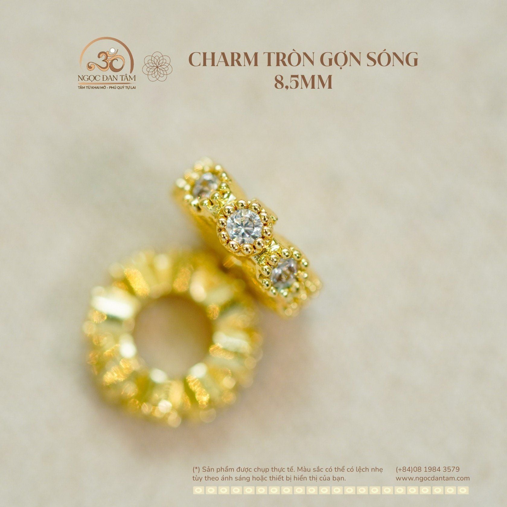  Charm Tròn Gợn Sóng Bạc Mạ Vàng 8,34mm - Bạc 925 Mạ Vàng Cao Cấp 