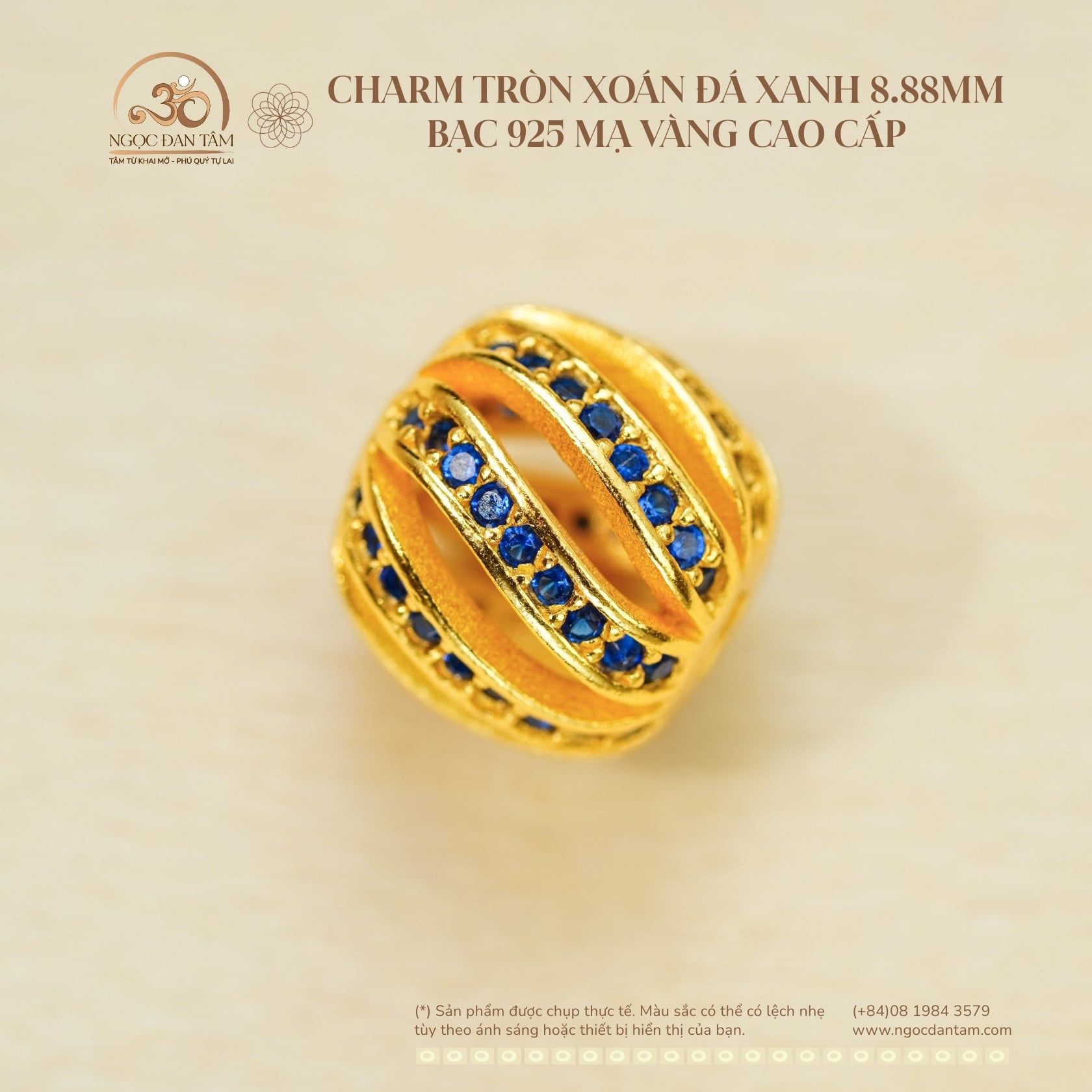  Charm Tròn Xoắn Đá Xanh 8.88mm - Bạc 925 Mạ Vàng Cao Cấp 