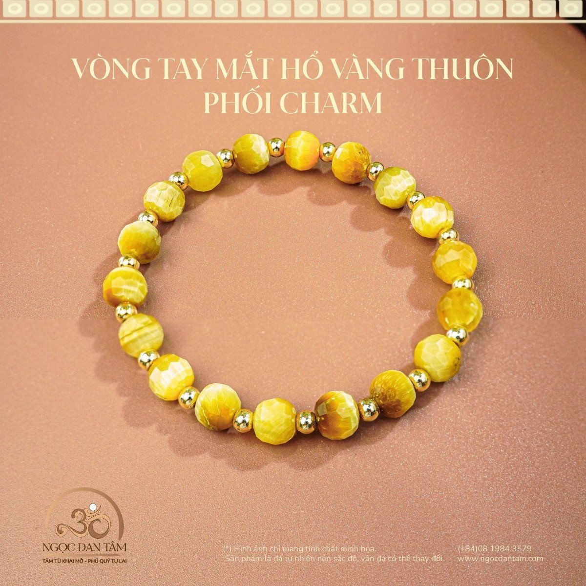 Vòng Tay Mắt Hổ Vàng 6x8mm Thuôn Phối Charm 