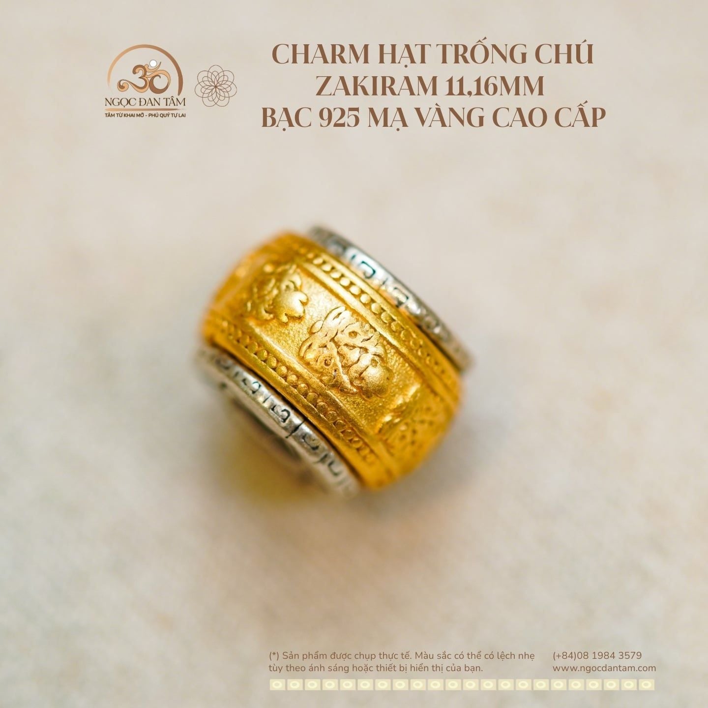  Charm Hạt Trống Chú Zakiram 11,16mm - Bạc 925 Mạ Vàng Cao Cấp 