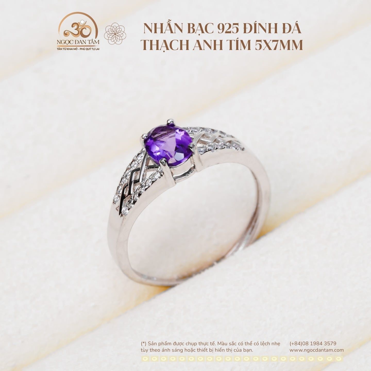  Nhẫn Bạc 925 Đính Đá Thạch Anh Tím 5x7mm 