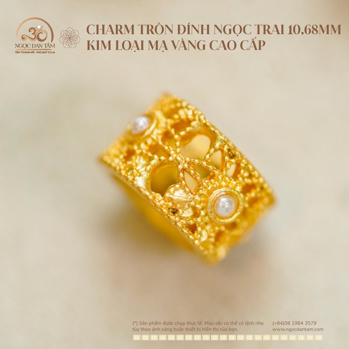  Charm Tròn Đính Ngọc Trai 10.68mm - Kim Loại Mạ Vàng 