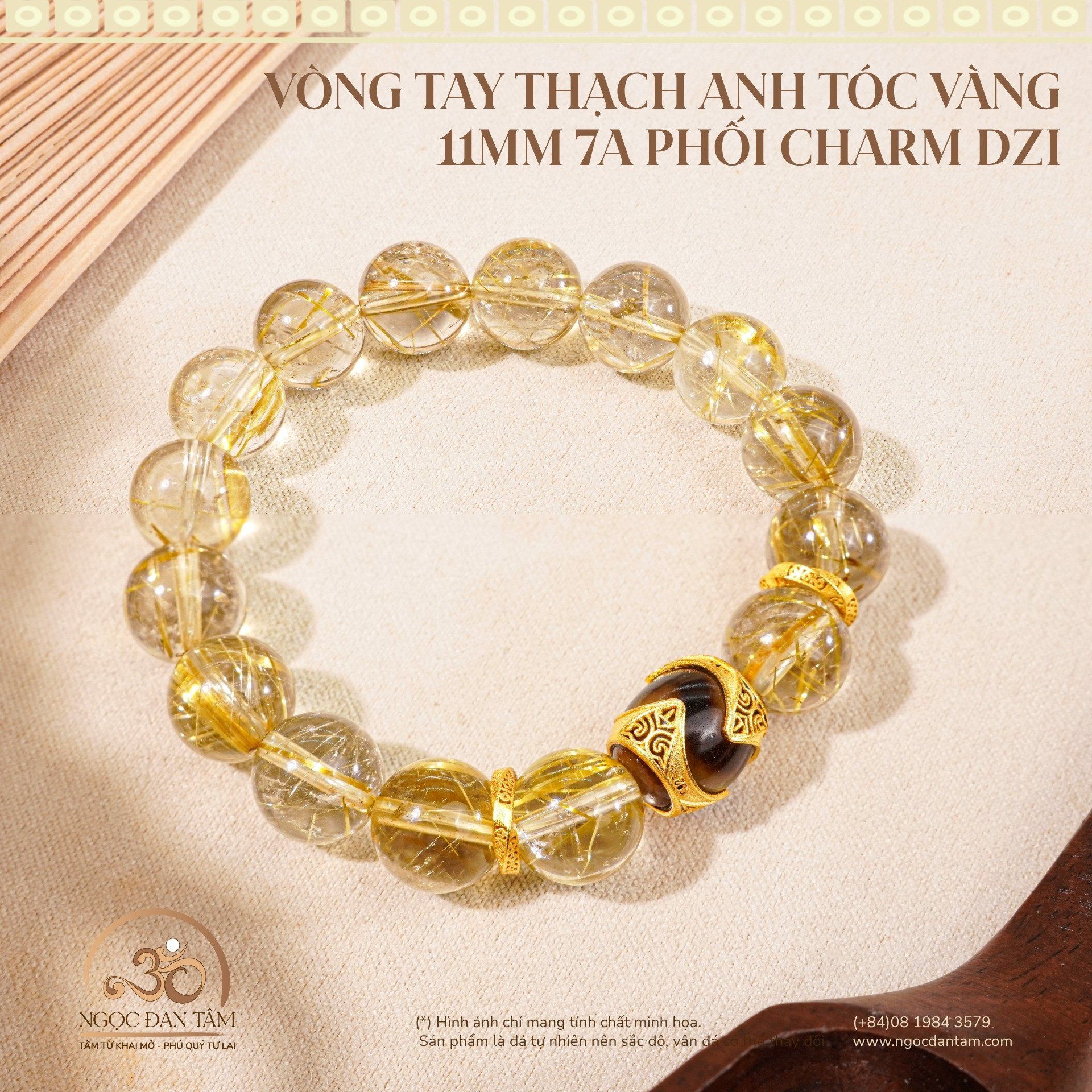  Vòng Tay Thạch Anh Tóc Vàng Phối Charm Dzi 11mm7A 
