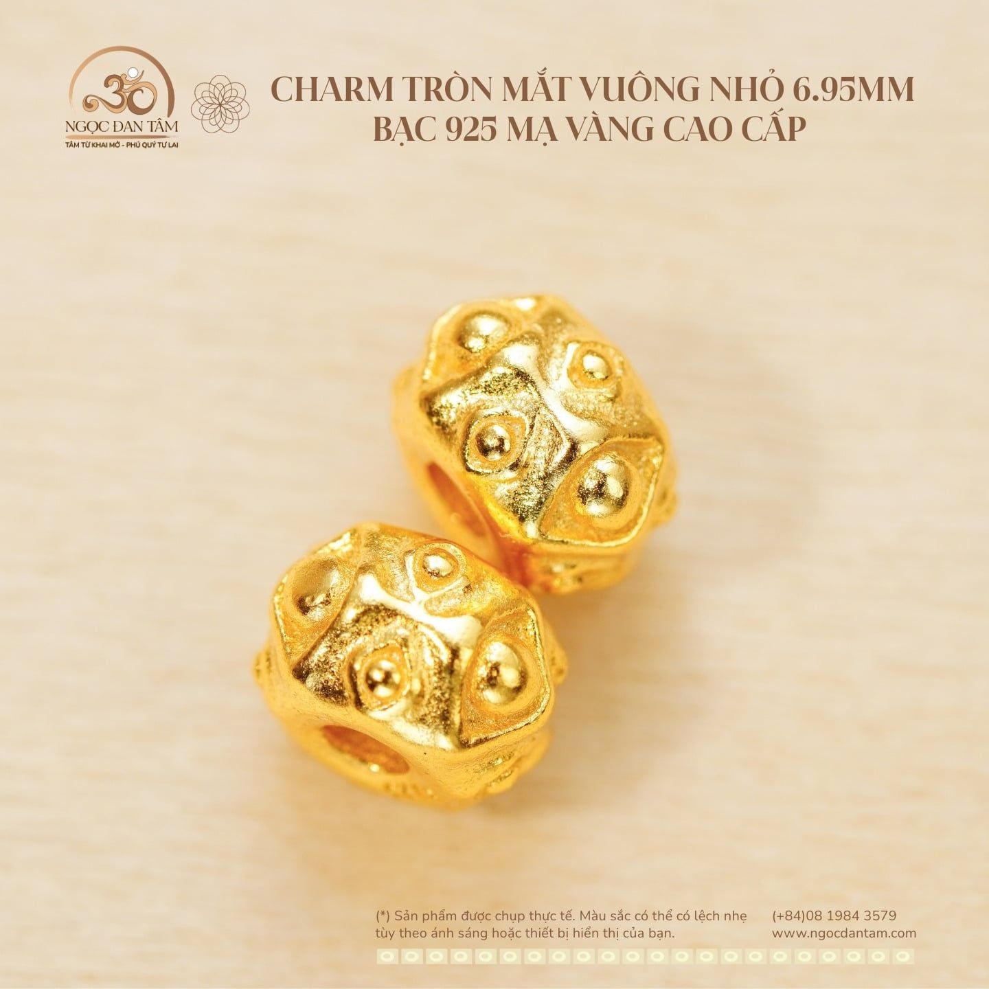  Charm Tròn Mắt Vuông Nhỏ 6.95mm - Bạc 925 Mạ Vàng Cao Cấp 