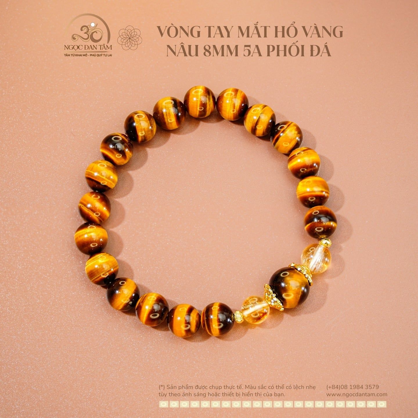  Vòng Tay Mắt Hổ Vàng Nâu 8mm 5A Phối Đá 