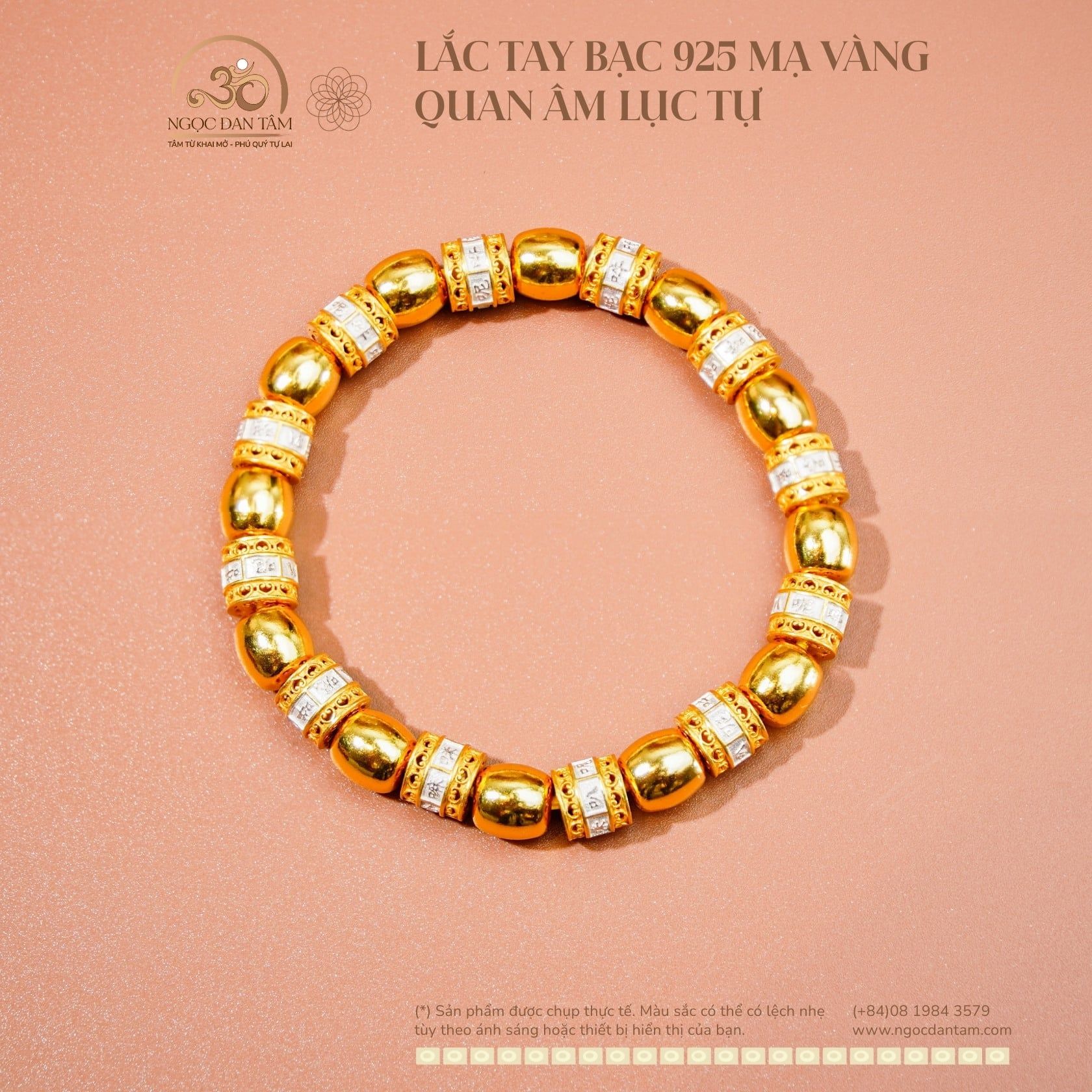  Lắc Tay Bạc 925 Mạ Vàng Quan Âm Lục Tự 