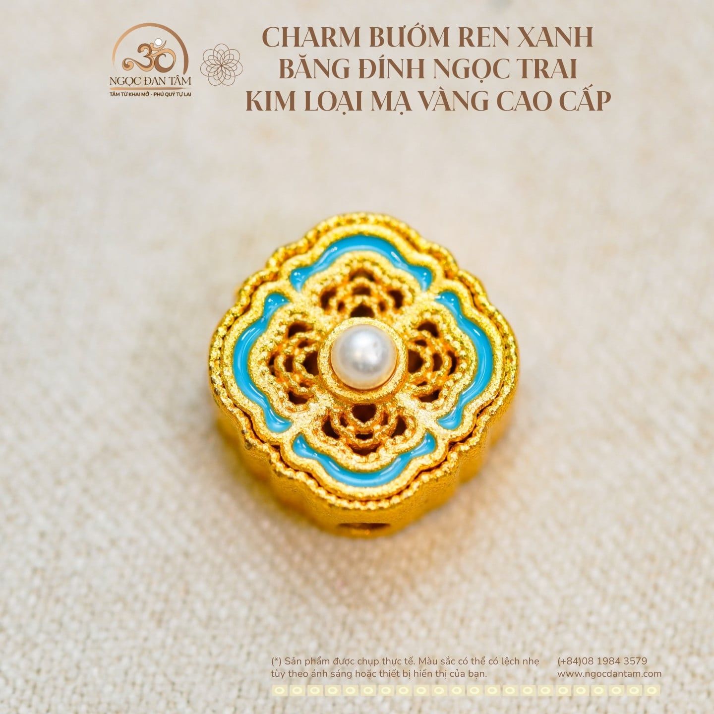  Charm Bướm Ren Xanh Băng Đính Ngọc Trai 11,09mm - Kim Loại Mạ Vàng Cao Cấp 