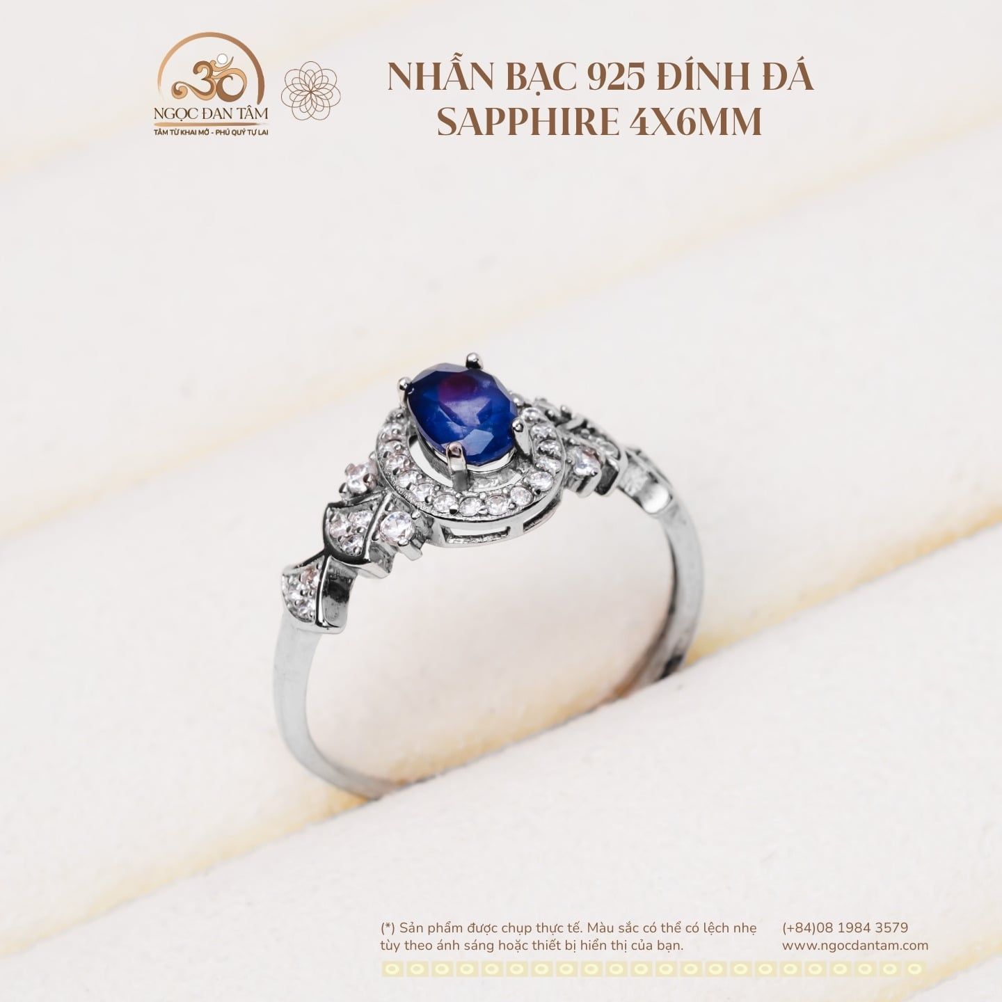  Nhẫn Bạc 925 Đính Đá Sapphire 4x6mm 