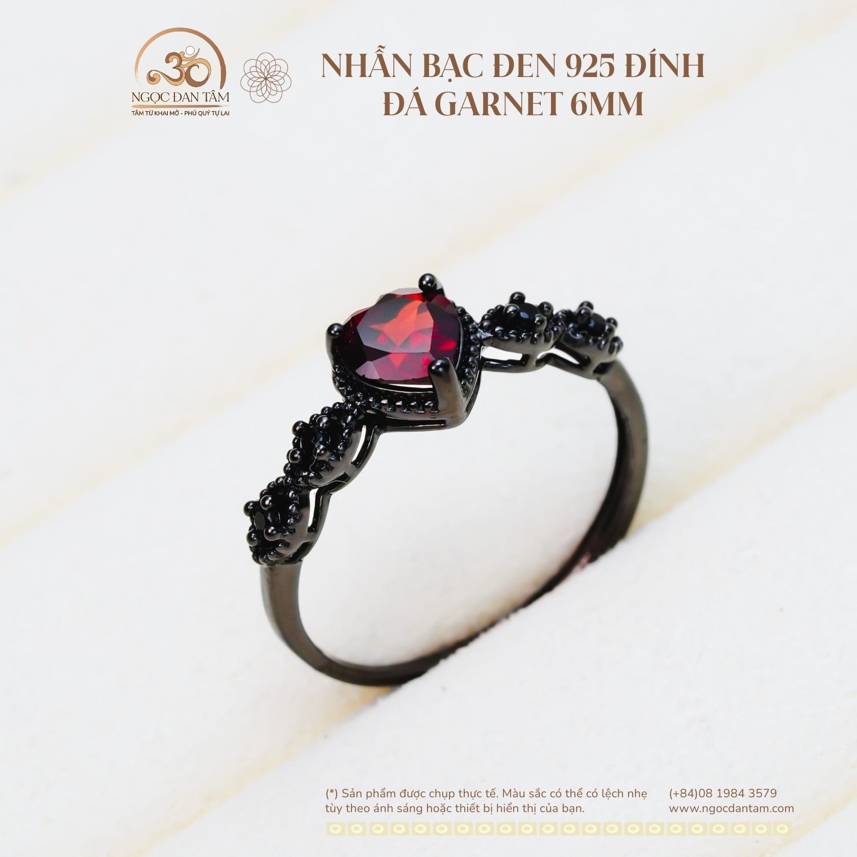  Nhẫn Bạc Đen 925 Đính Đá Garnet 6mm 