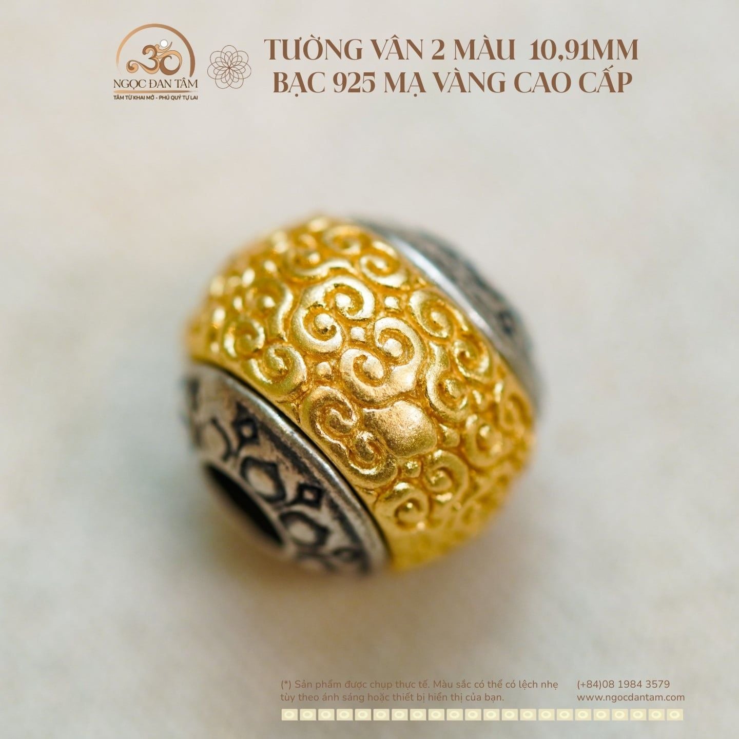  Charm Tường Vân 2 Màu 10,91mm - Bạc 925 Mạ Vàng Cao Cấp 