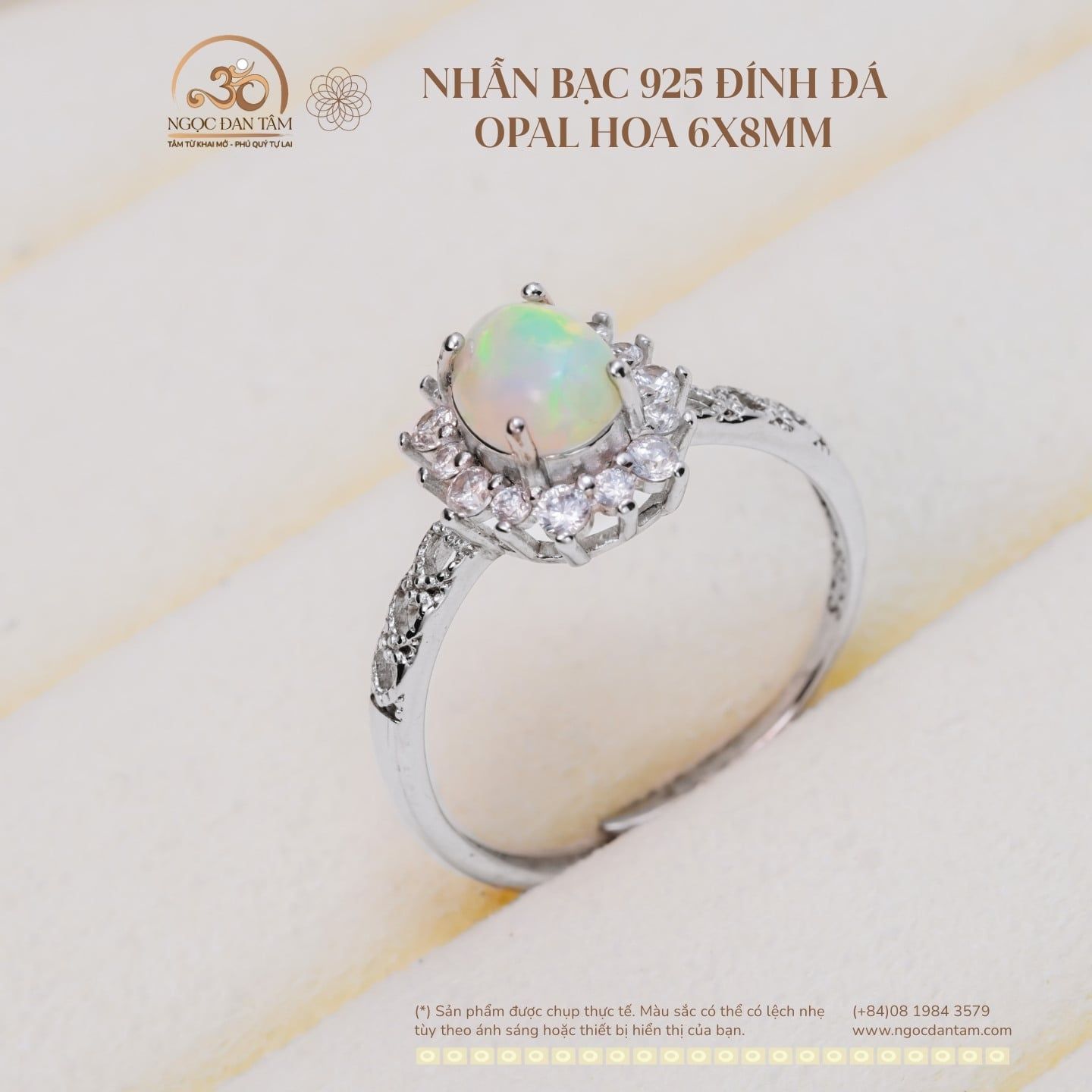  Nhẫn Bạc 925 Đính Đá Opal Hoa 6x8mm 