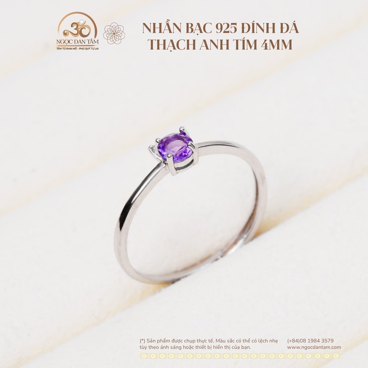  Nhẫn Bạc 925 Đính Đá Thạch Anh Tím 4mm 