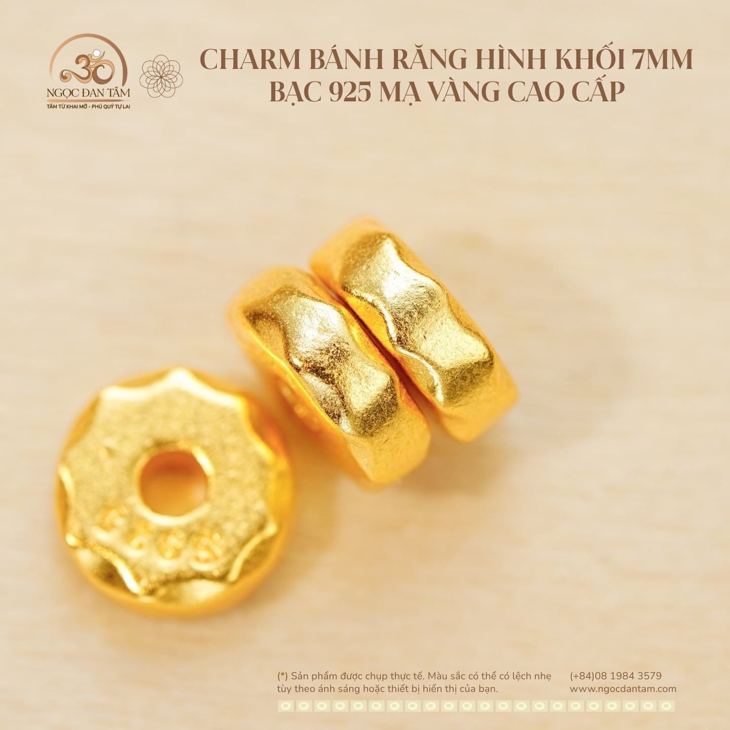  Charm Bánh Răng Hình Khối 7mm - Bạc 925 Mạ Vàng Cao Cấp 