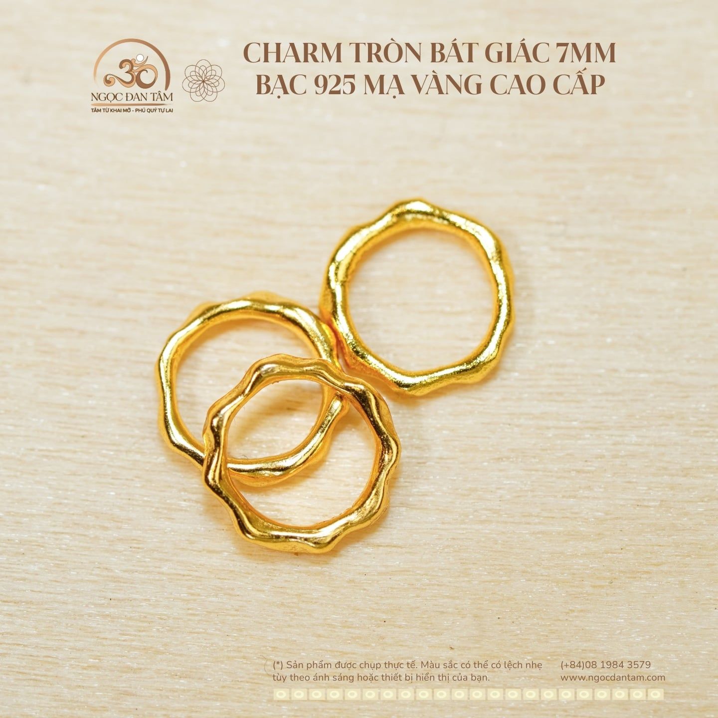  Charm Tròn Bát Giác 7mm - Bạc 925 Mạ Vàng Cao Cấp 