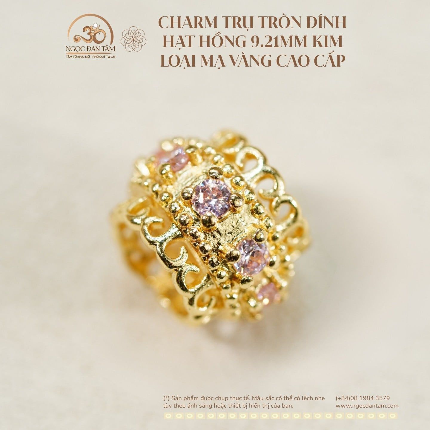 Charm Trụ Tròn Đính Hạt Hồng 9.21mm - Kim Loại Mạ Vàng Cao Cấp 