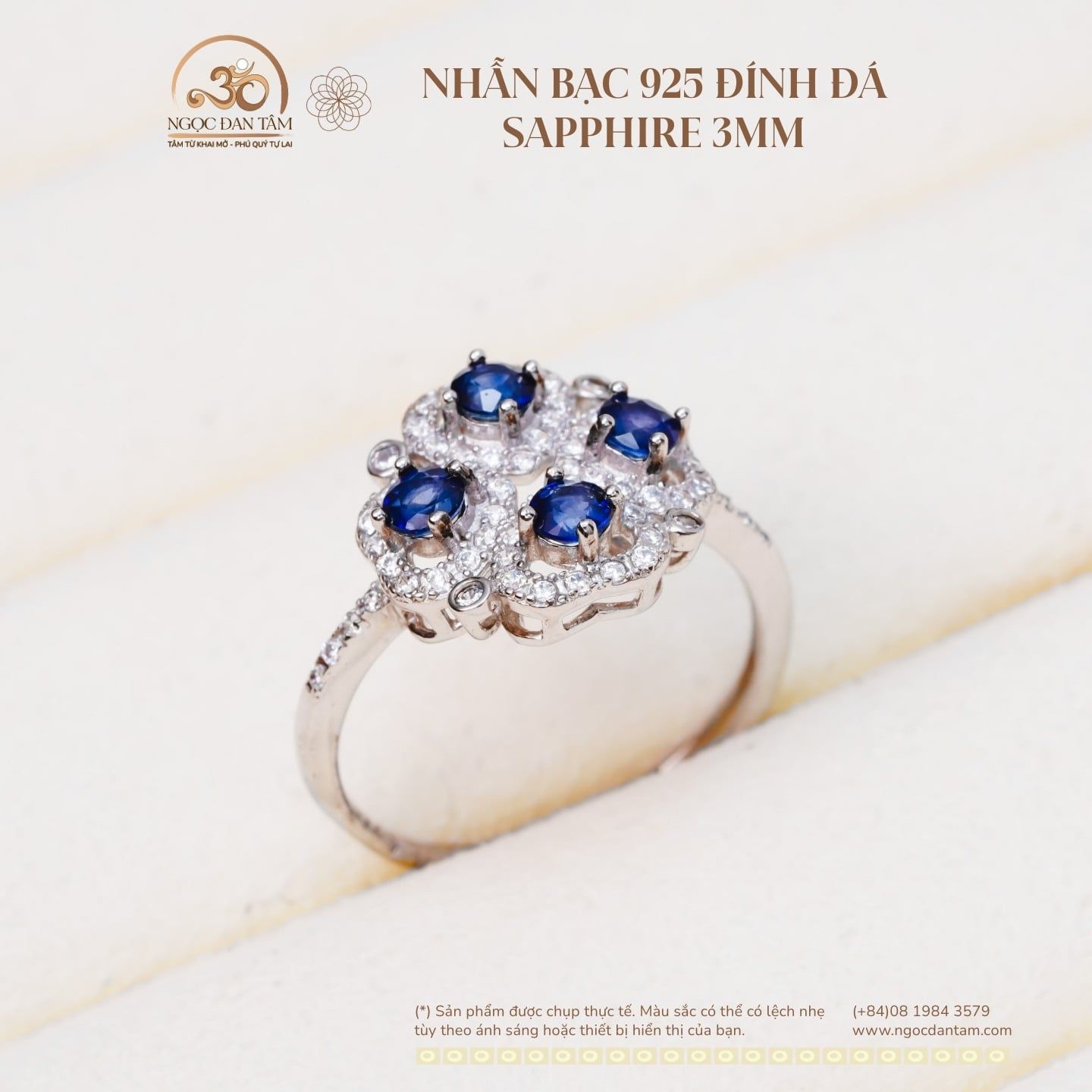  Nhẫn Bạc 925 Đính Đá Sapphire 3mm 