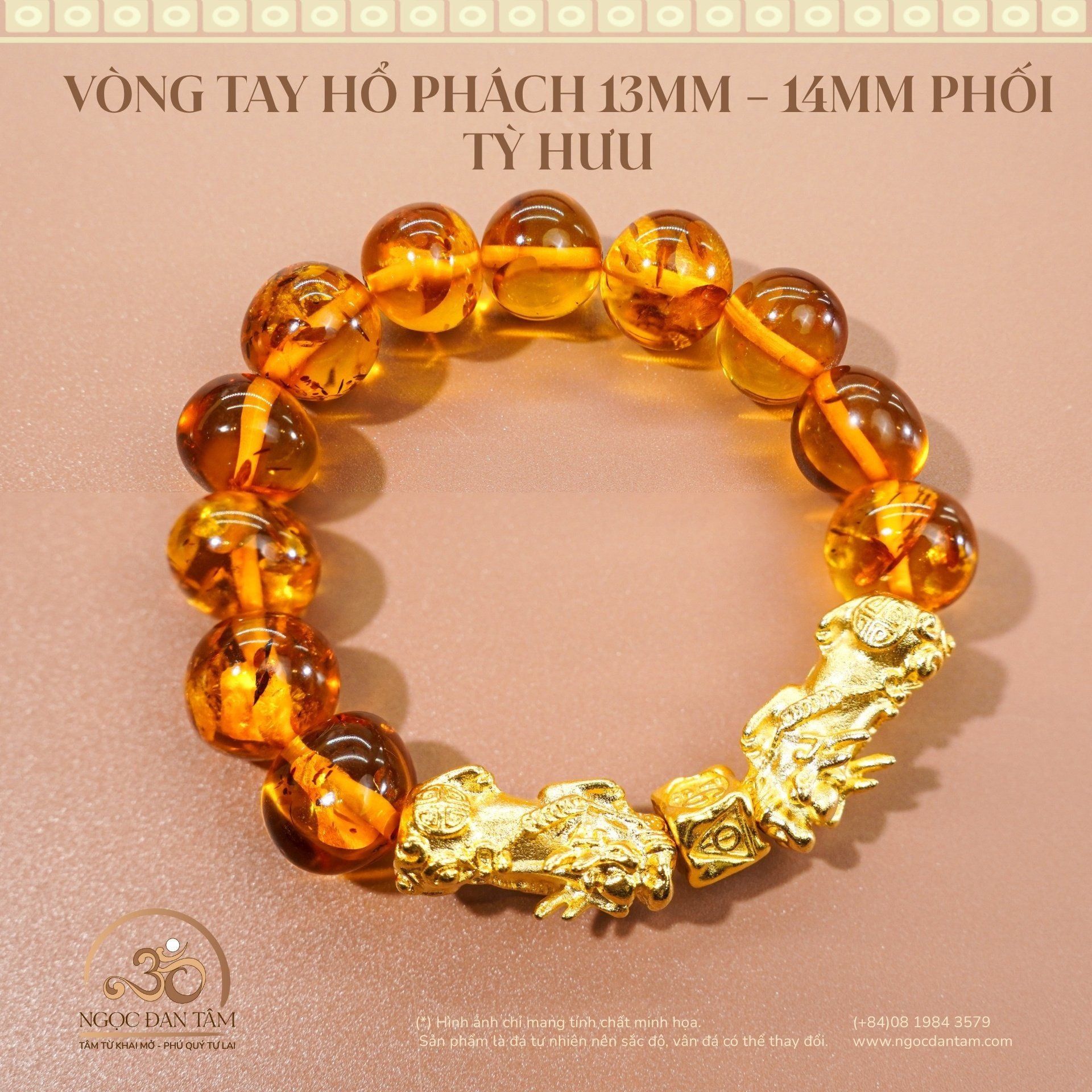  Vòng Tay Hổ Phách Phối Tỳ Hưu 13mm - 14mm 