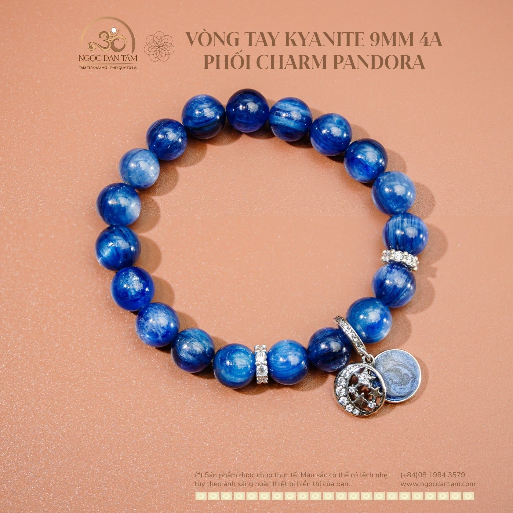  Vòng Tay Kyanite 9mm 4A Phối Charm Pandora 