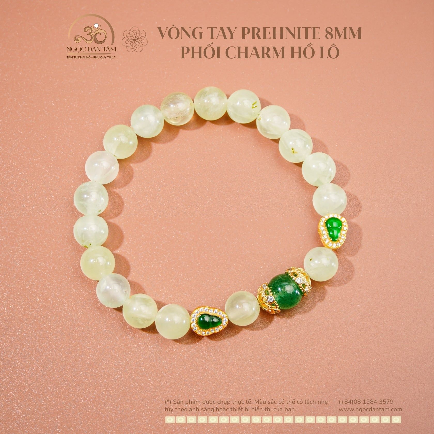  Vòng Tay Prehnite 8mm Phối Charm Hồ Lô 