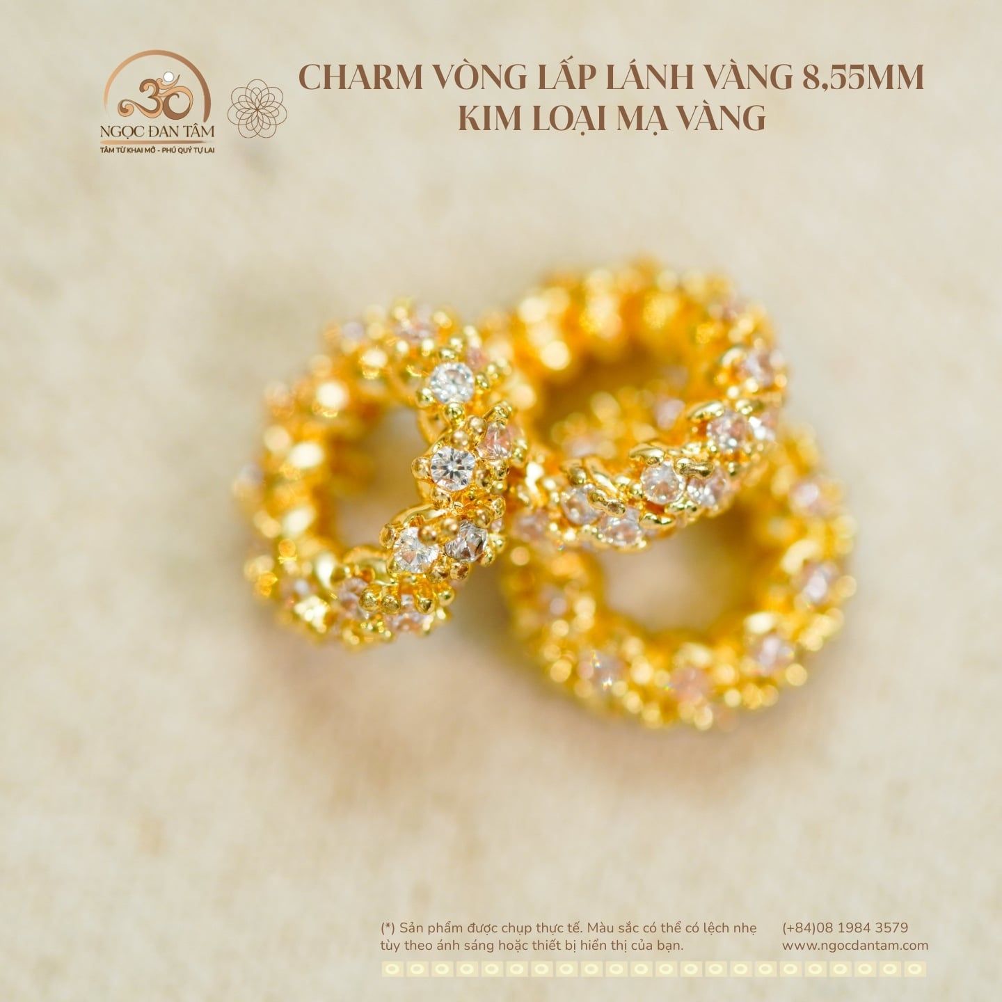  Charm Vòng Lấp Lánh  8,55mm - Kim Loại Mạ Vàng Cao Cấp 