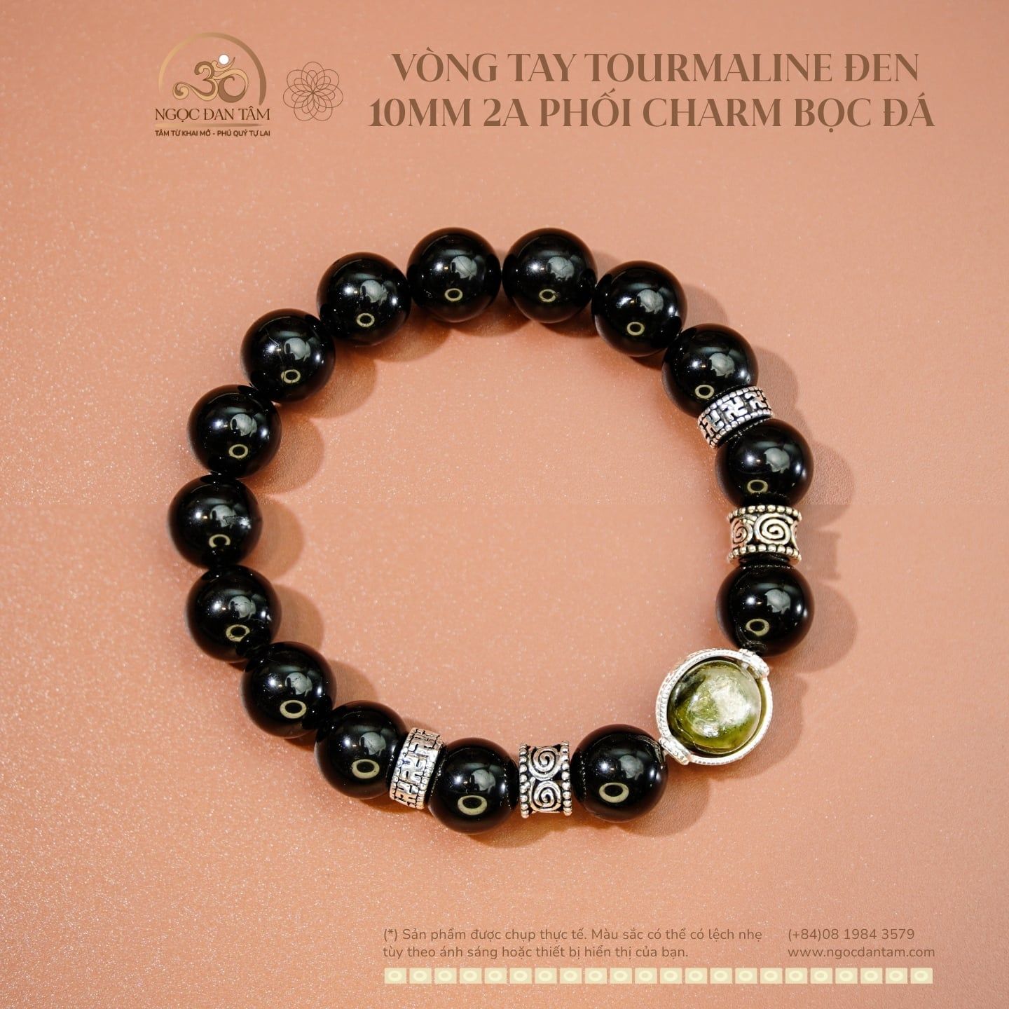  Vòng tay Tourmaline Đen 10mm 2A Phối Charm Bọc Đá 