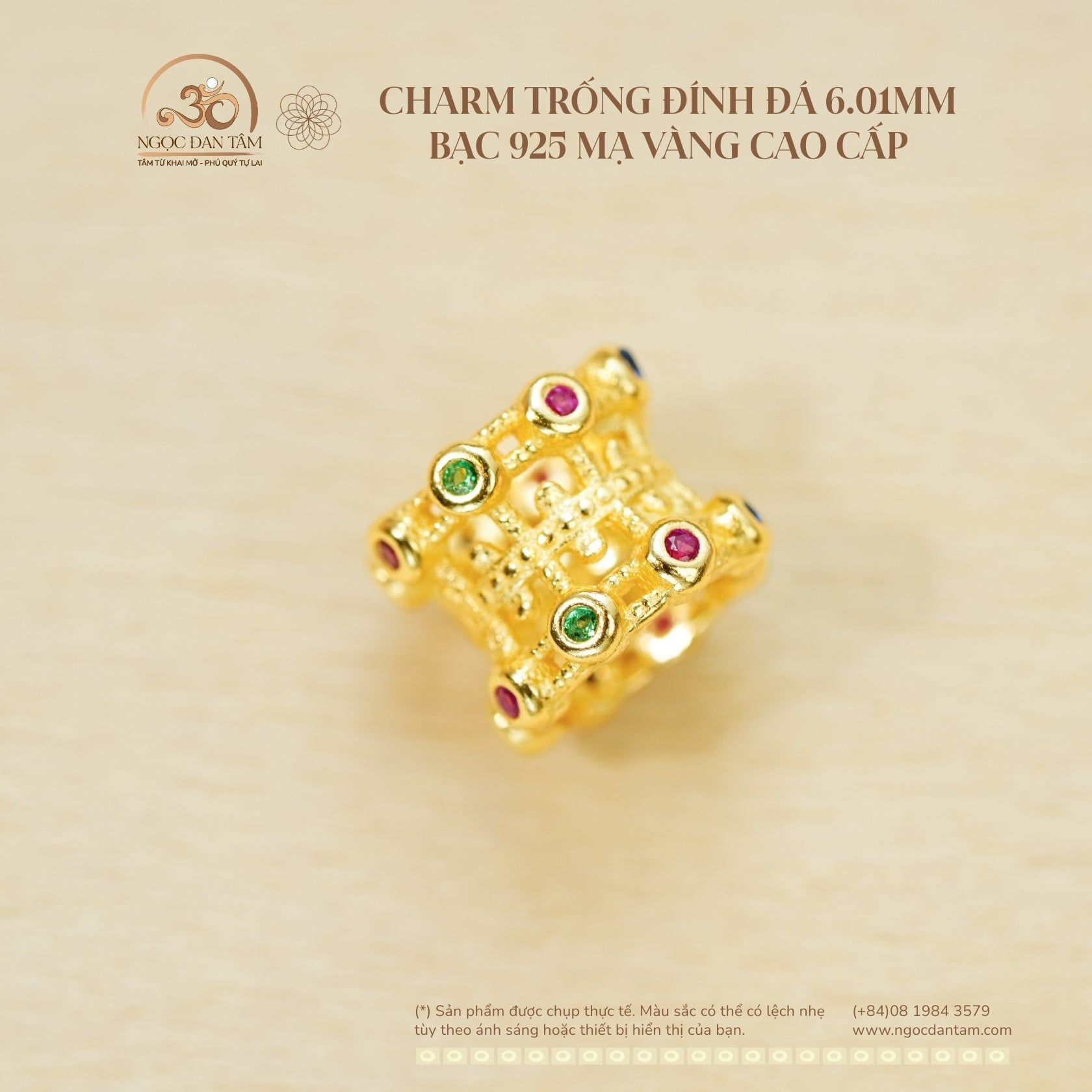  Charm Trống Đính Đá 6.01mm - Bạc 925 Mạ Vàng Cao Cấp 