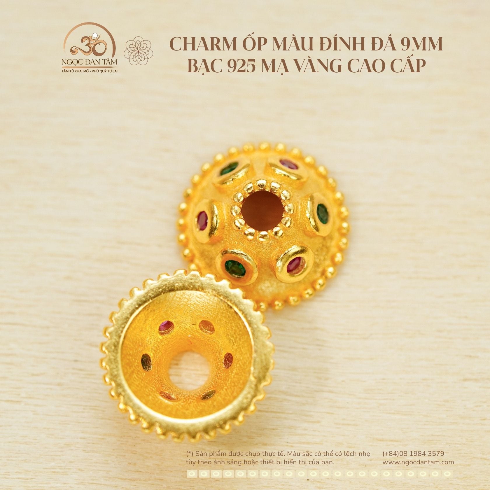  Charm Ốp Màu Đính Đá 9mm - Bạc 925 Mạ Vàng Cao Cấp 