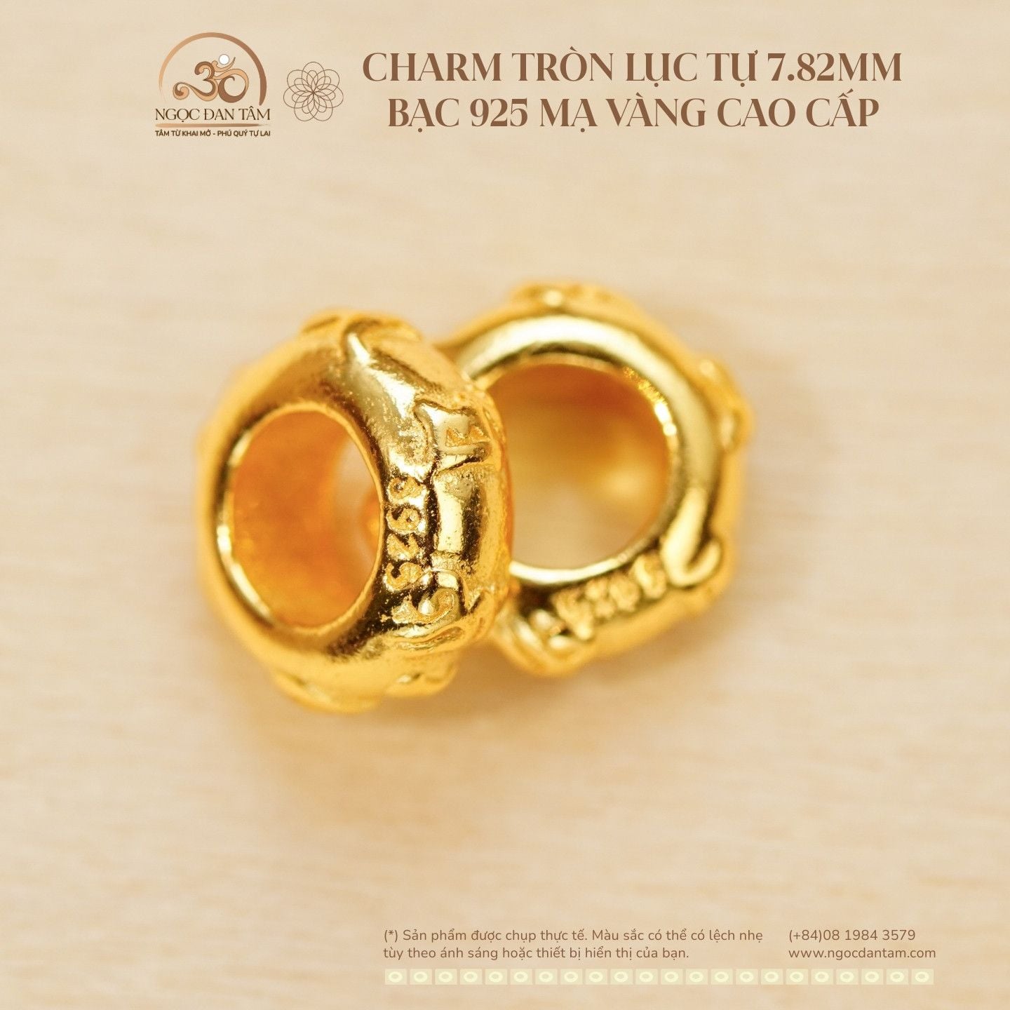  Charm Tròn Lục Tự 7.82mm - Bạc 925 Mạ Vàng Cao Cấp 