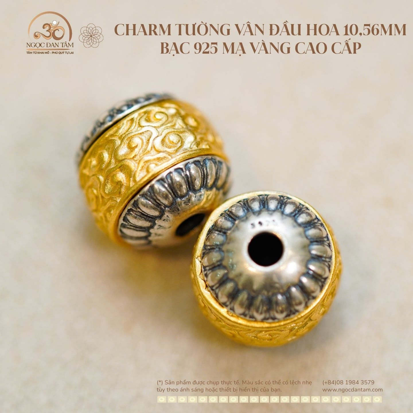  Charm Tường Vân Đầu Hoa 10.56mm - Bạc 925 Mạ Vàng Cao Cấp 