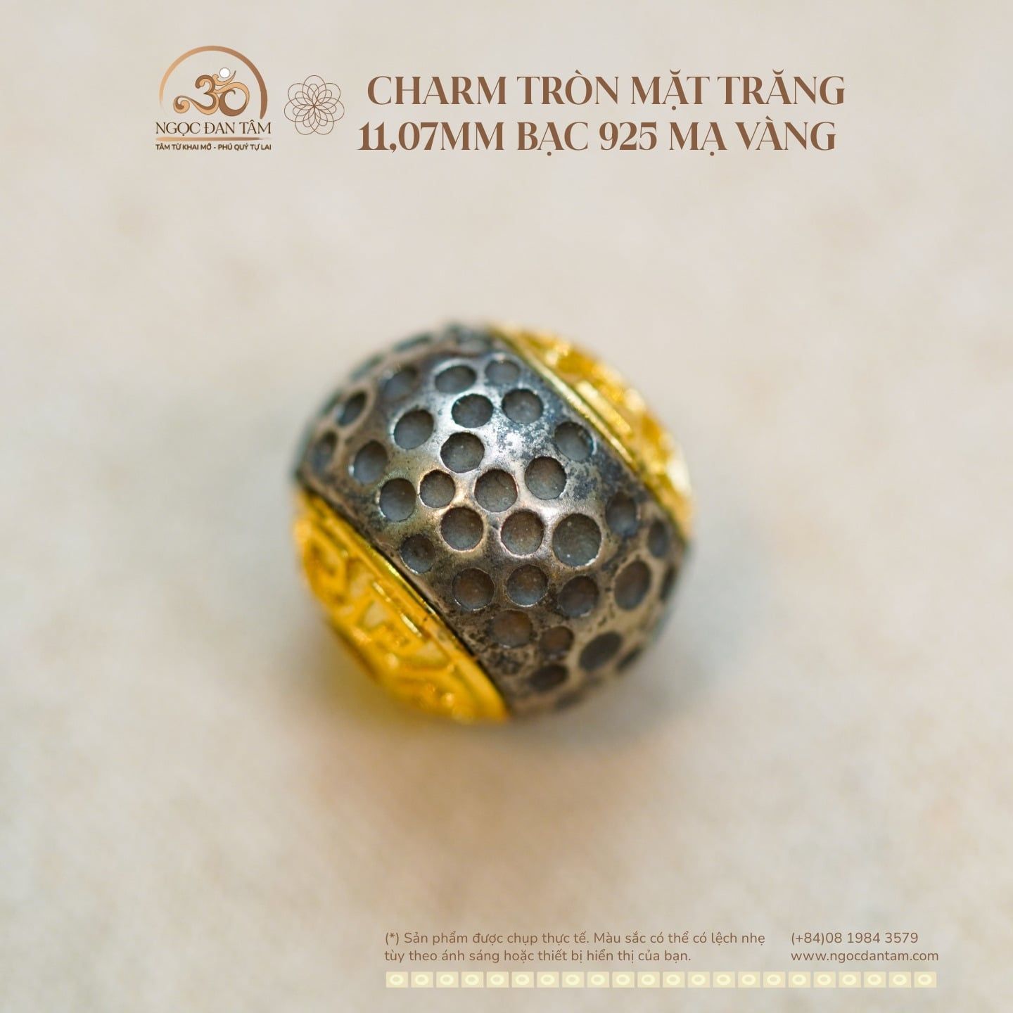  Charm Tròn Mặt Trăng 11,07mm - Bạc 925 Mạ Vàng Cao Cấp 