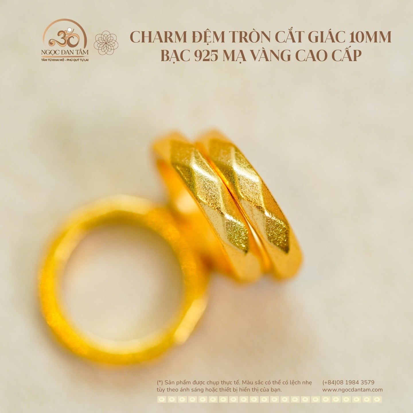  Charm Đệm Tròn Cắt Giác - Bạc 925 Mạ Vàng Cao Cấp 