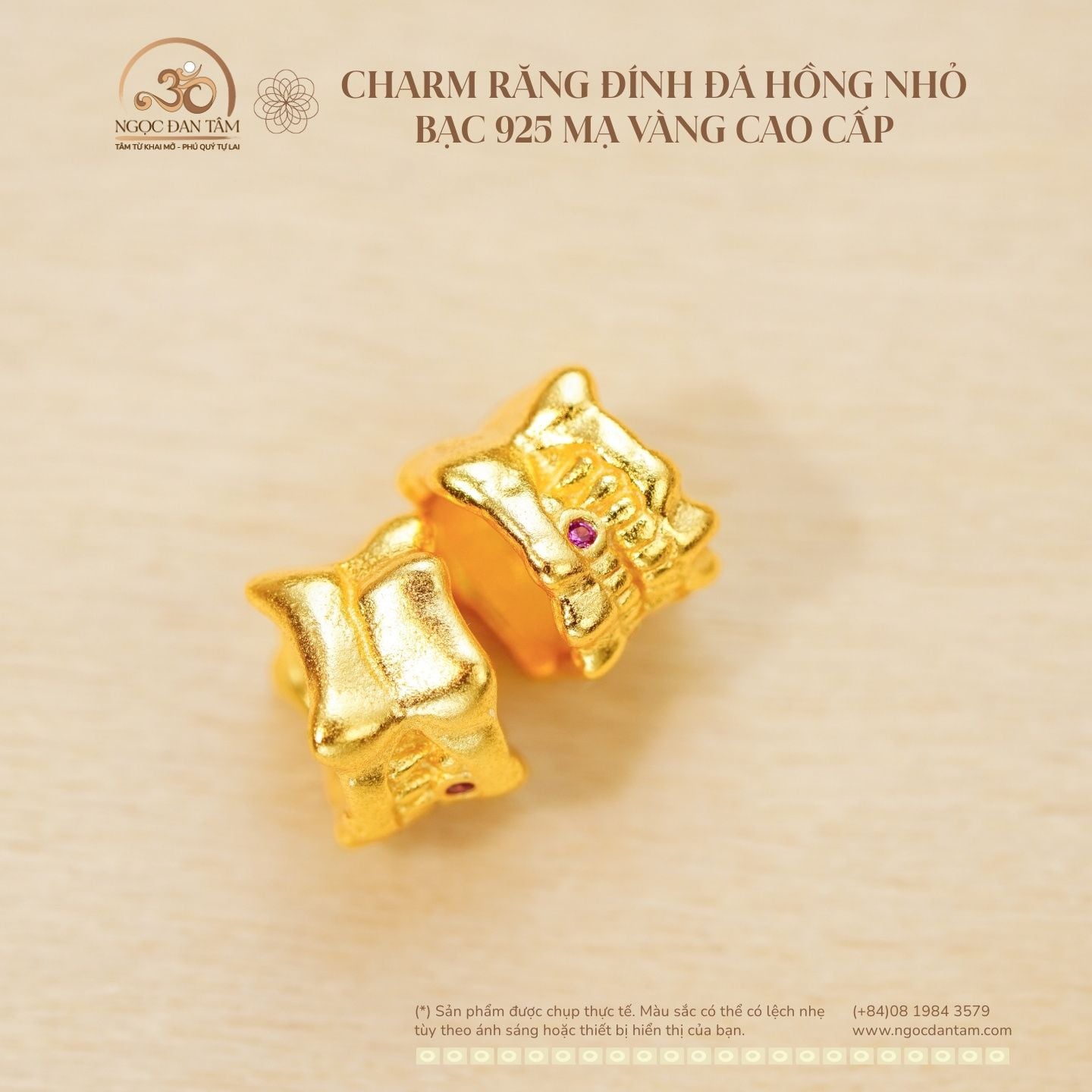  Charm Răng Đính Đá Hồng Nhỏ 5.73mm - Bạc 925 Mạ Vàng Cao Cấp 