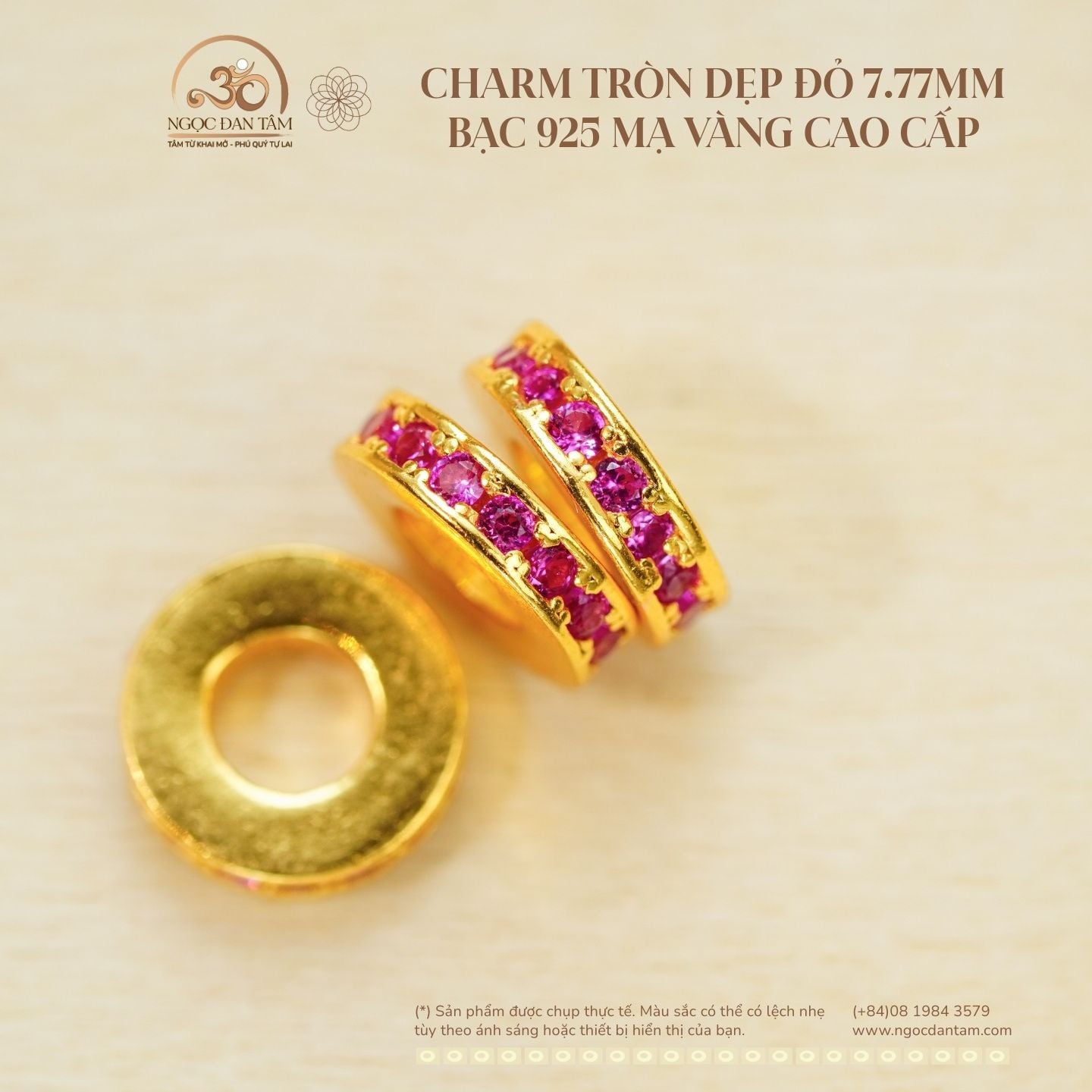  Charm Tròn Dẹp Đỏ 7.77mm - Bạc 925 Mạ Vàng Cao Cấp 