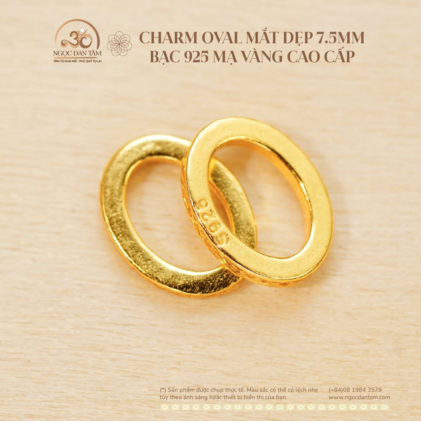  Charm Oval Mắt Dẹp 7.5mm - Bạc 925 Mạ Vàng Cao Cấp 